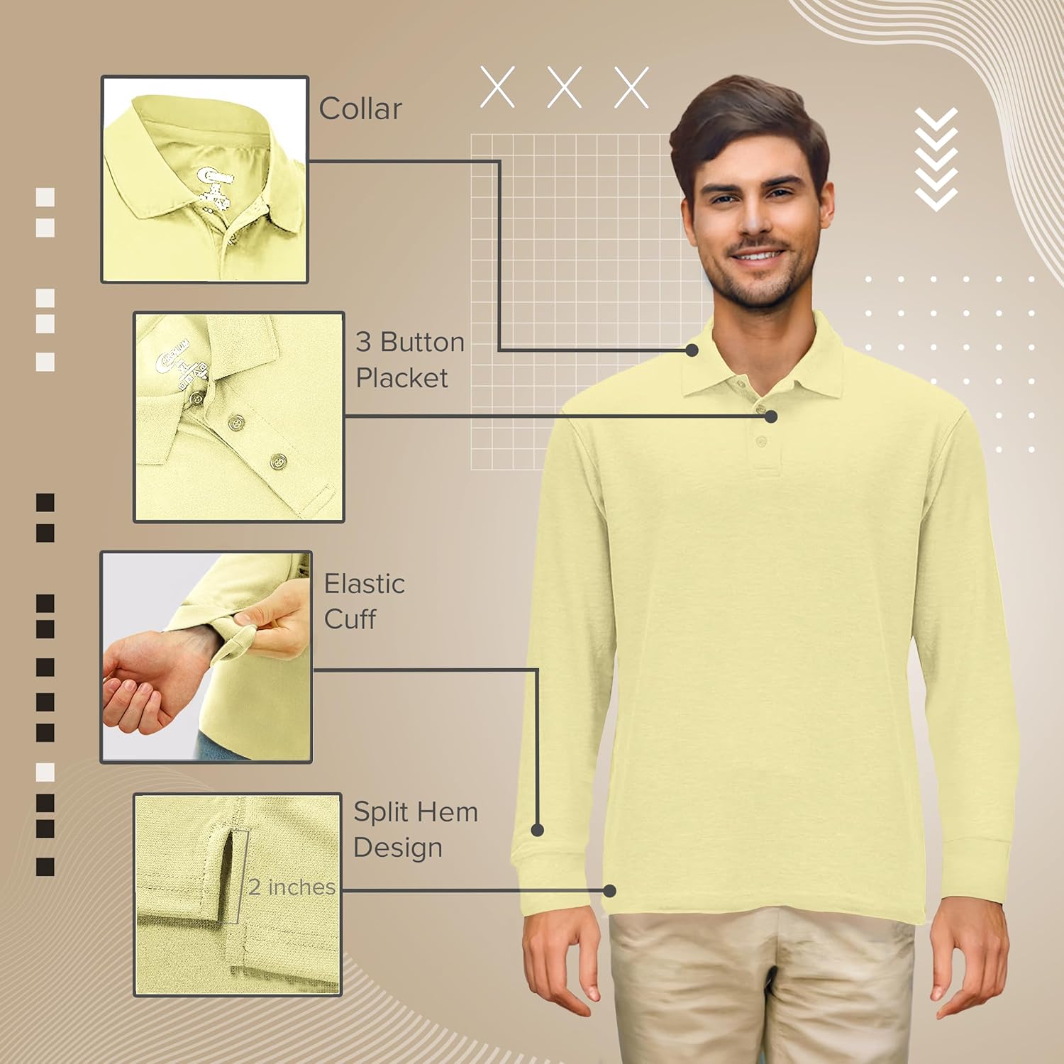 Premium Wear Long Sleeve Polo Shirt for Men, Cotton-Blend Fabric Golf Shirt with Collar, 3-Button Placket, Stain Guard - Image 4