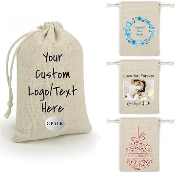 CUESREM Personalized Gift Bag,Personalized Drawstring Sacks Bag Add Any Photo Name Logo Picture Reusable Present Bags for Party Supplies Holiday Decor 8 Pack