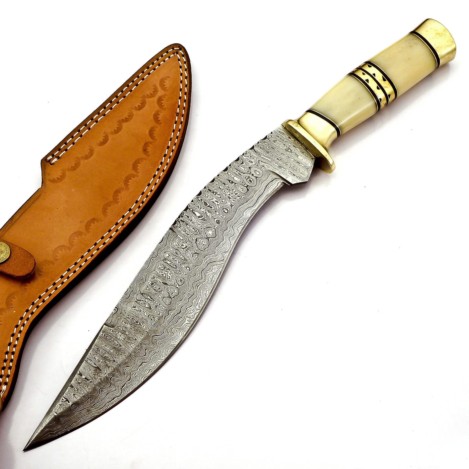 KK-0204 Handmade Kukri Knife Exotic Camel Bone and Brass Handle Damascus Steel Ladder Pattern Razor Sharp blade and Brass Spacer with Leather Sheath 17.5 inches