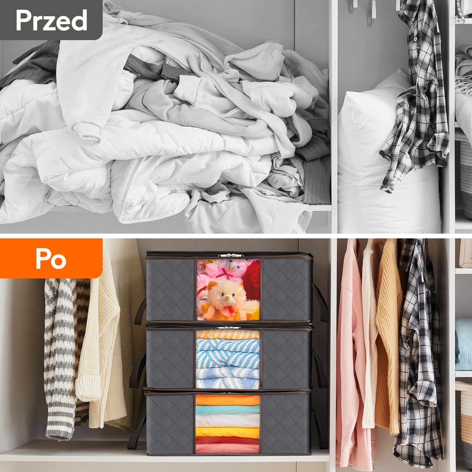 Lifewit Torba do Przechowywania Ubrań Składany Pojemnik do Przechowywania Szafa ze Wzmocnionym Uchwytem Wytrzymała Tkanina Przezroczyste Okienko na Swetry,Płaszcze,T-shirty,Koce,Opakowanie 6,35L,Szary