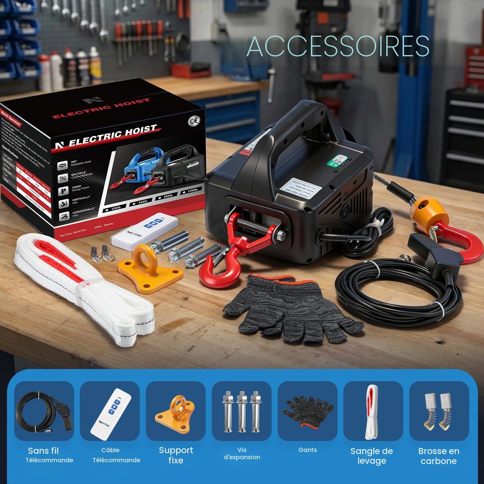 NEWTRY Palan électrique 3-en-1 avec Télécommande sans Fil, télécommande à câble,1 500 W Treuil électrique Système De Protection Contre Les Surcharges, Charge Maximale de 300 kg