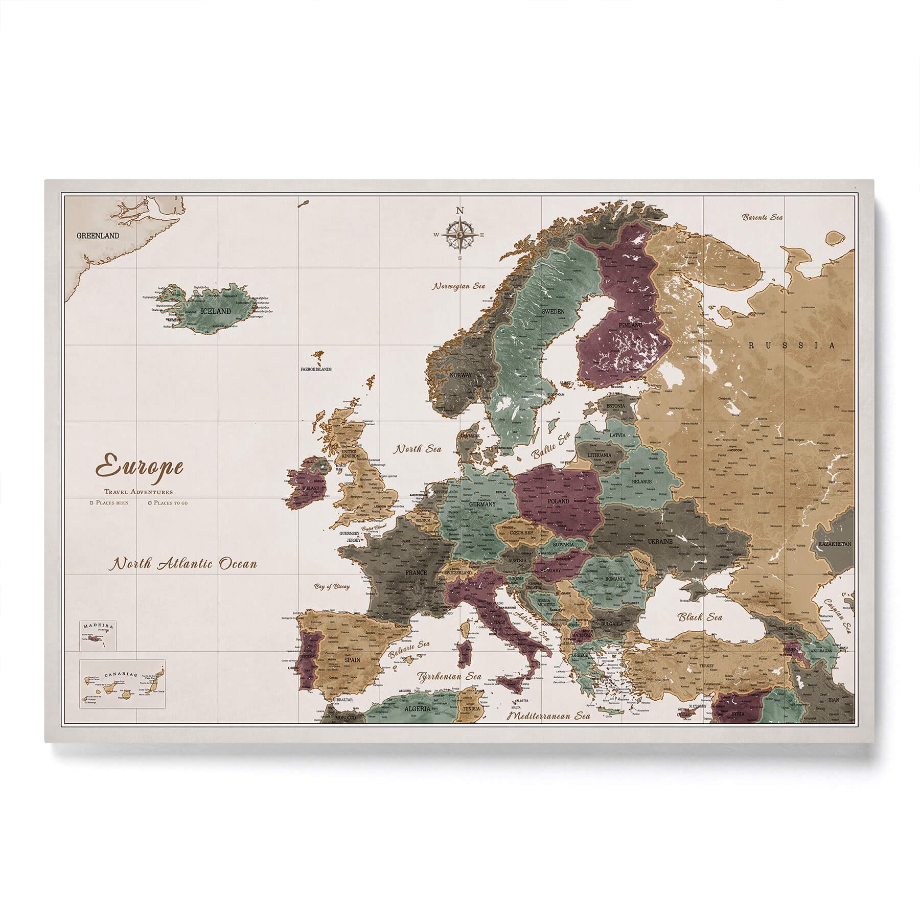 Canvas Europe Map with Cork Pin Board - Decorative Wall Decoration for All Rooms - Canvas Pictures with Europe Map Motif (70x50 cm, Pattern 3)