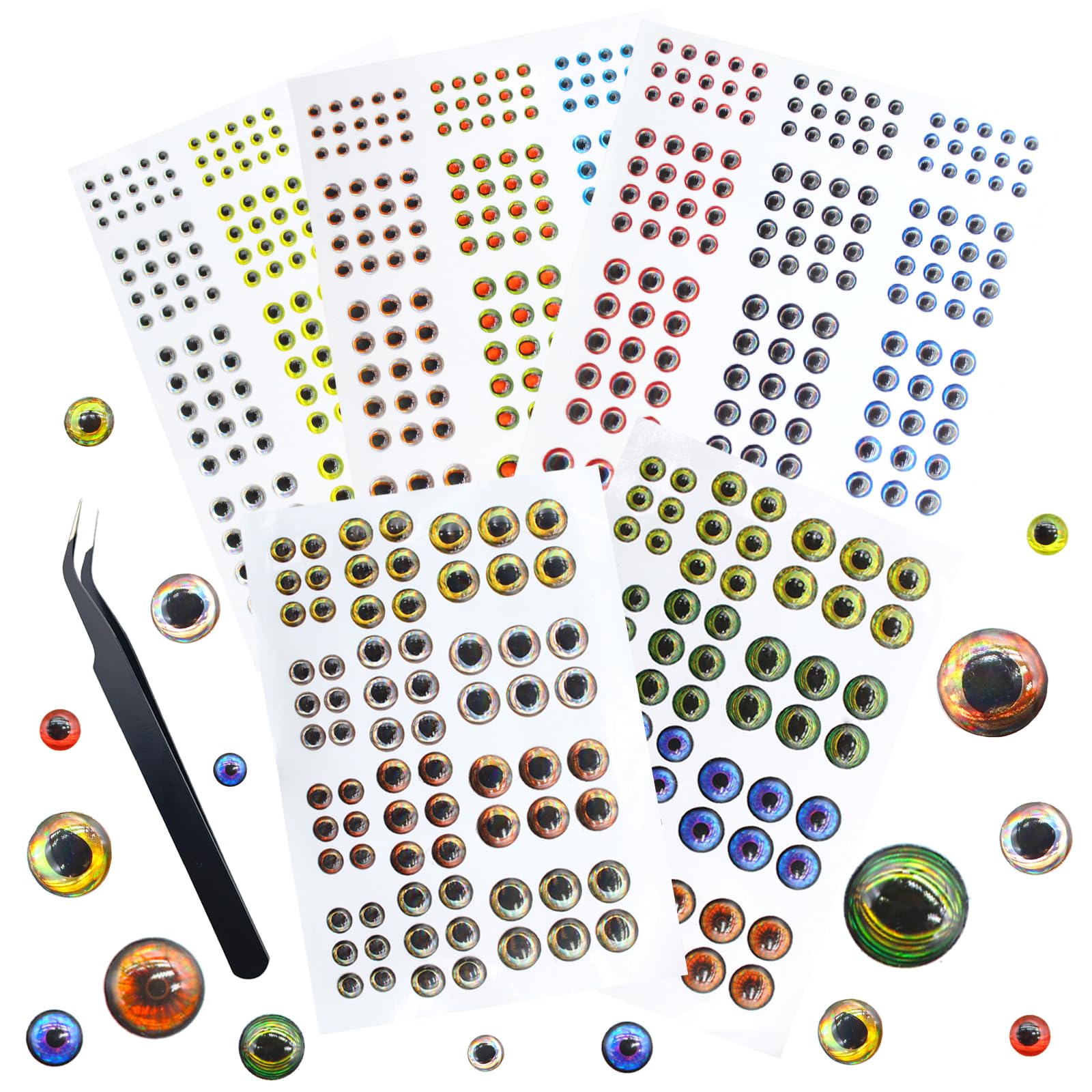 3D 4D 5D Fishing Lure Eyes Assortment with 1 Piece Tweezer for Making Fish Bait Fly Tying Streamers Crafts DIY Accessory (6 Sizes: 3 mm/ 4 mm/ 5 mm/ 6 mm/ 8 mm/ 10 mm)