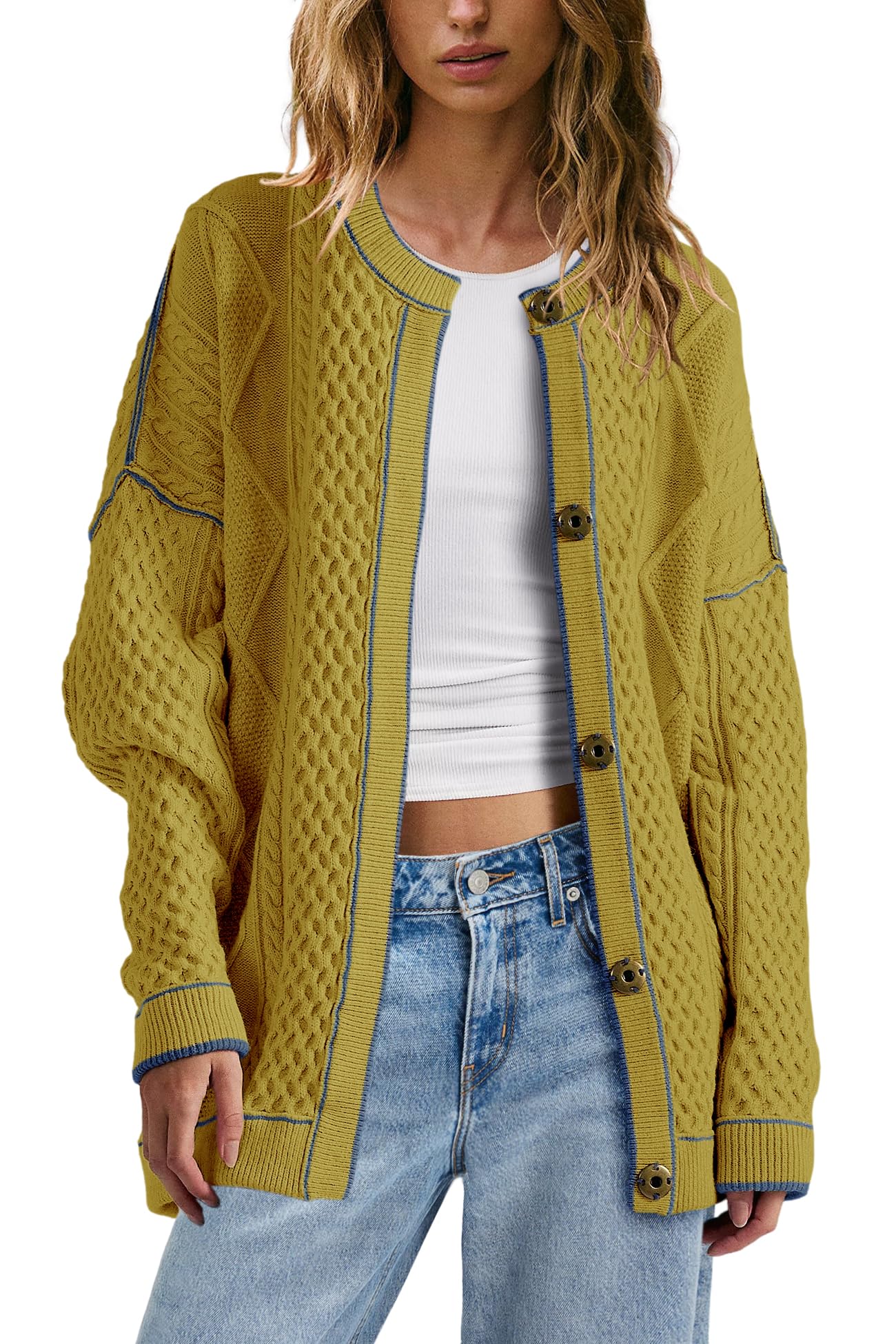 Panadila Womens Oversized Cable Knit Cardigan Sweaters Lightweight Button Down Cardigan Fall Striped Jackets with Pockets