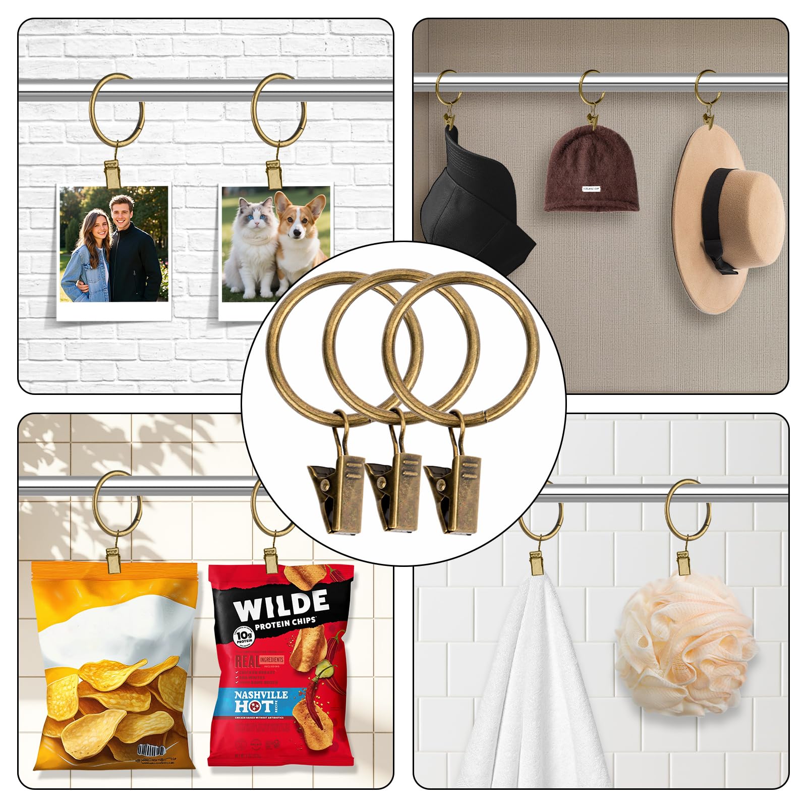 Confezione da 24 anelli per tende con clip, in metallo resistente, color bronzo, con ganci, anelli per tende in ottone, diametro interno 50 mm, per finestre, porte e doccia