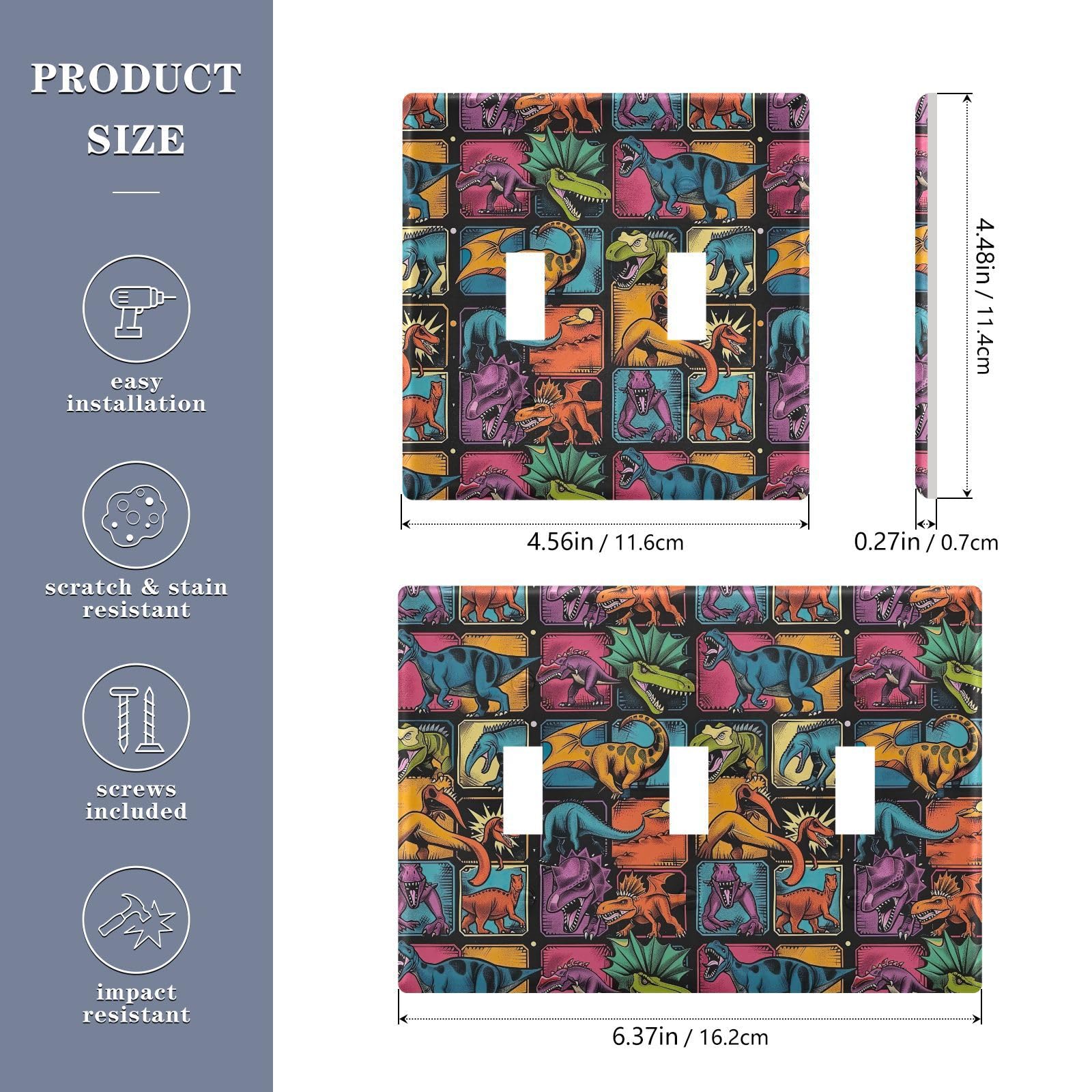 Light Switch Cover Dinosaurs Comic Book Style Wall Plates for Electrical Outlets 3 Gang 202b5835