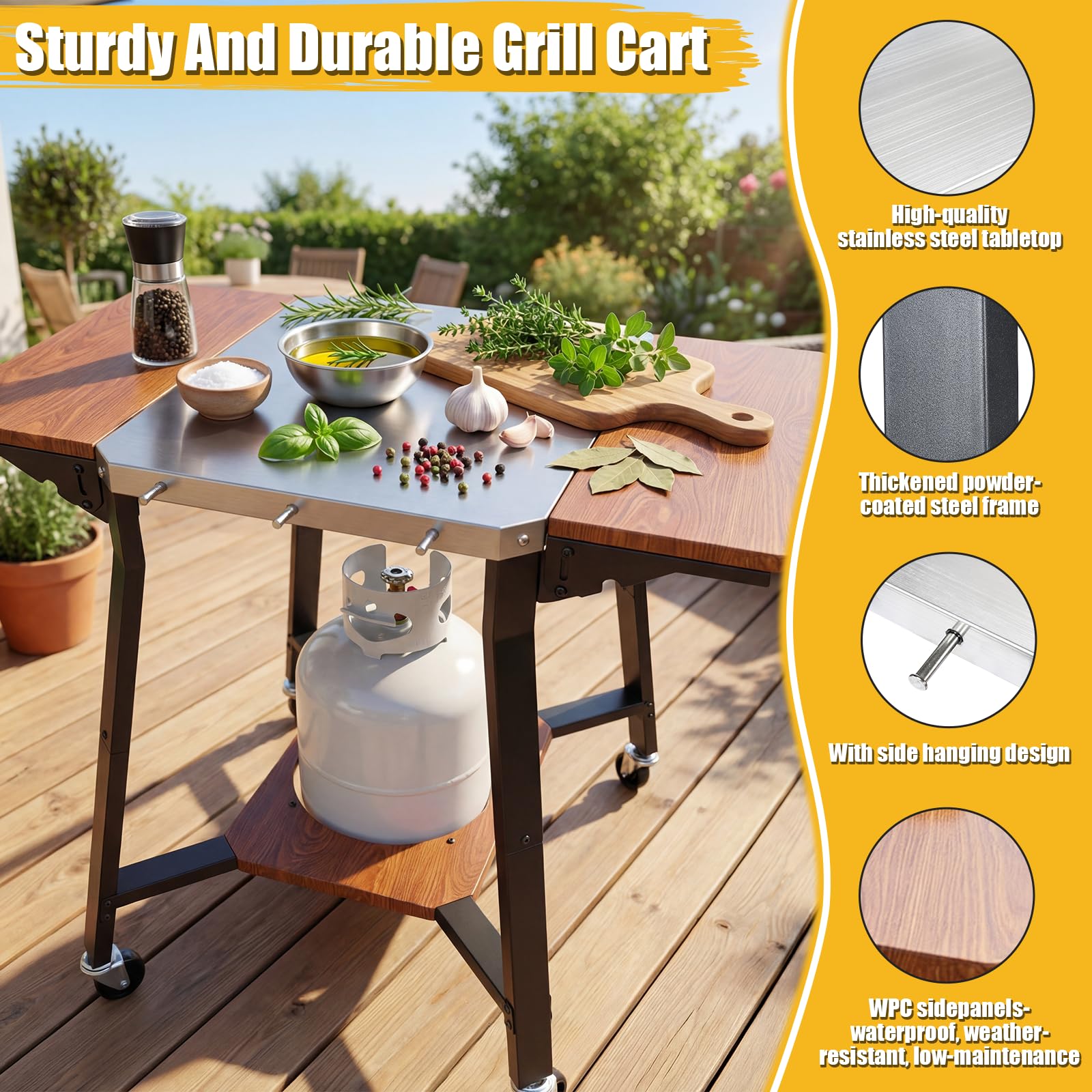 GFTIME Carrello per barbecue con piano di lavoro in acciaio inox, con 2 ripiani laterali pieghevoli, supporto per bombole a gas e ruote, carrello da cucina mobile per barbecue, forno per pizza e