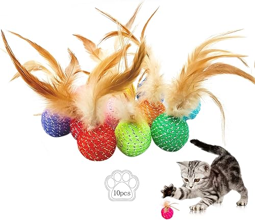 10 unidades de juguetes de arco iris coloridos para gatos, bolas de aleteo con plumas y campanas para interiores y exteriores, gatito, gatito, juego