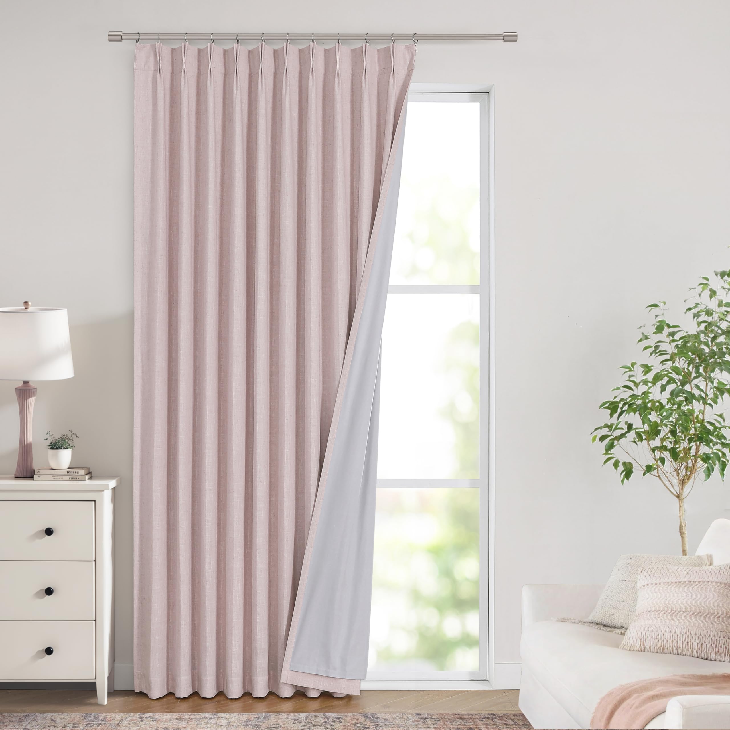 Vision Home 1 rideau à plis pincés entièrement occultant, en lin mélangé, à isolation thermique avec crochets et passants arrière, pour chambre et salon, 152,4 x 241,3 cm (l x L), rose tendre