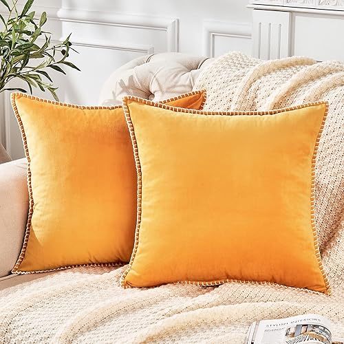 Miniatura 1 de Juego de 2 fundas de almohada cuadradas de terciopelo decorativas de 20 x 20 pulgadas con borde de felpilla, fundas de cojín suaves para casa rural,