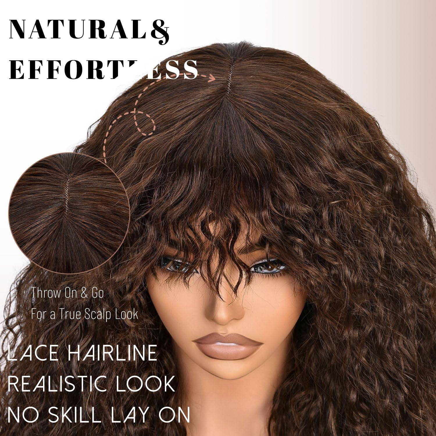 Lizzy Curly Wig With Bangs for Black Women Long Curly Human Hair Blend Premium Fiber Glueless Wig for Daily18Inch (Dark Brown) - Image 4