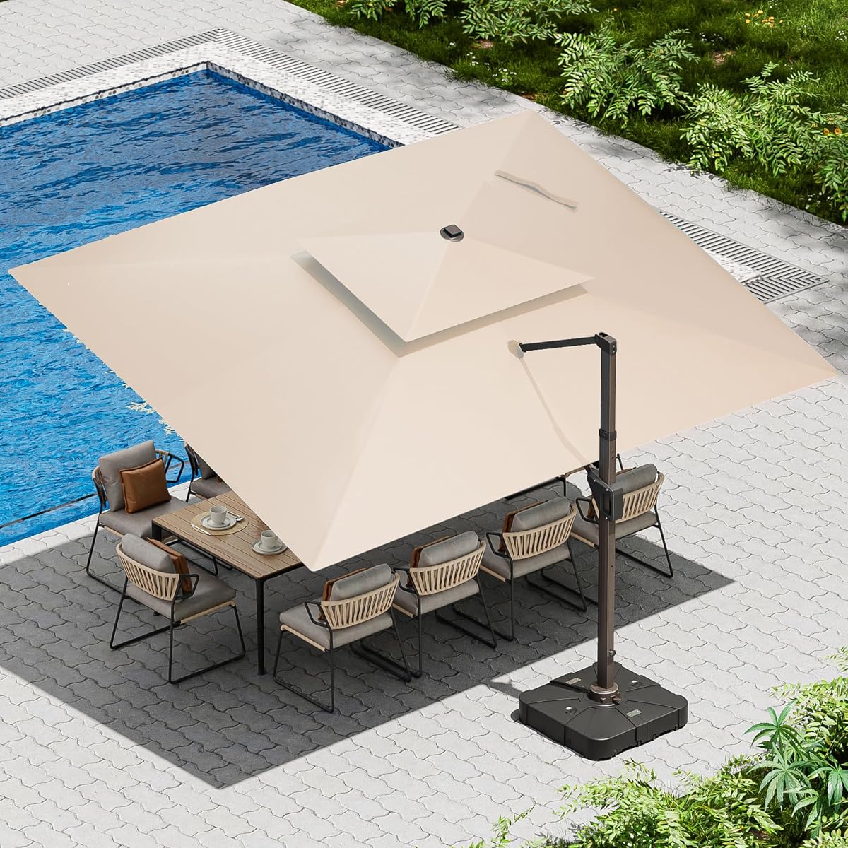 10 X 13 FT Cantilever Patio Umbrella Outdoor with Lights & Base | Weighted Base Included, Aluminum Frame, Waterproof Fabric, 360 Degree Rotation, 7-tilt, for Pool Deck Backyard, Beige