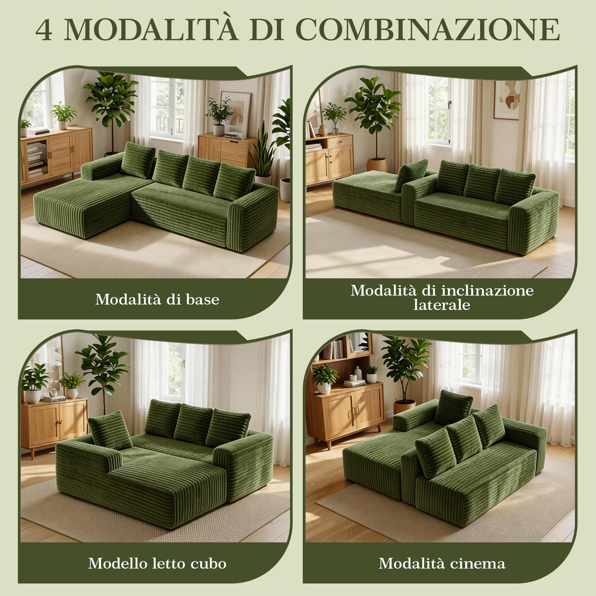 Canapé d'angle 261x145cm en Velours Côtelé - Mousse à Mémoire et Haute Résilience - Confort Orthopédique et Respirant - Canapé d'accueil Moderne Vert pour Salon
