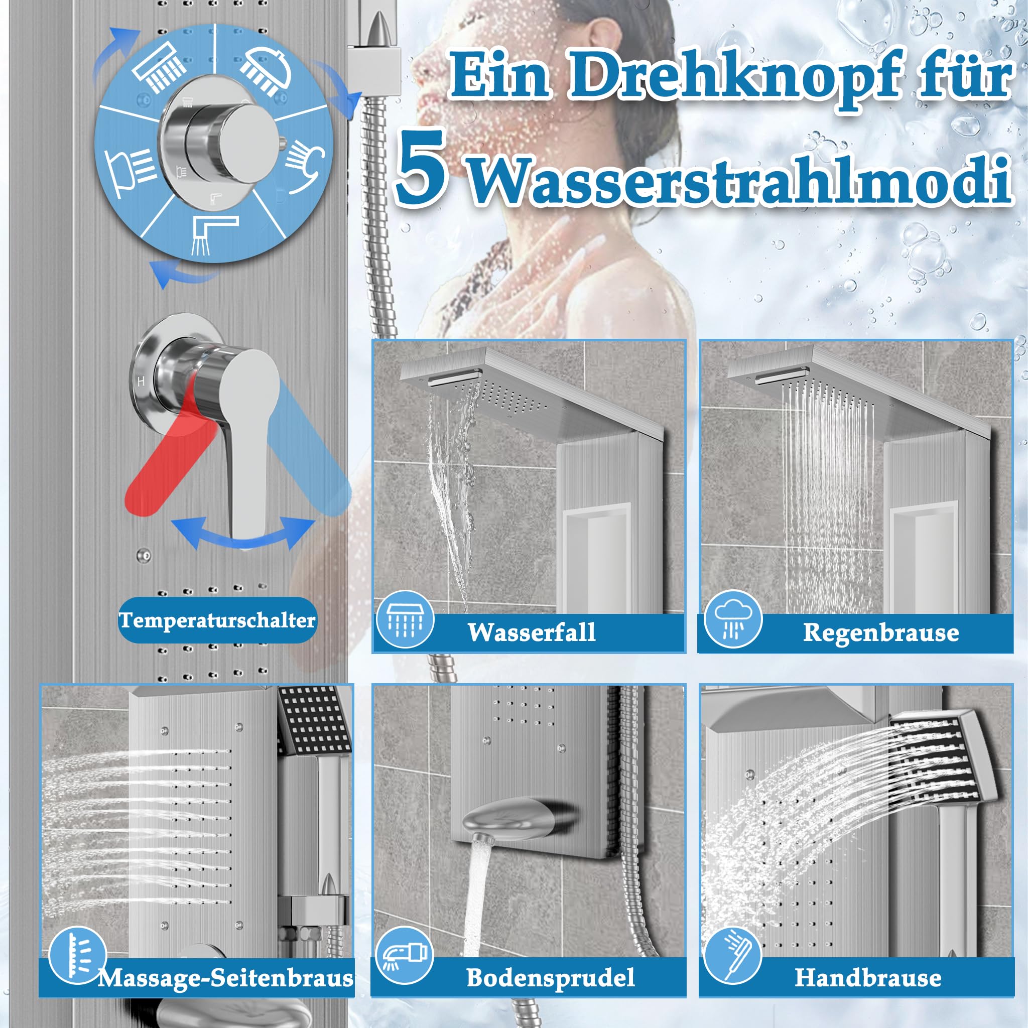 UISEBRT Panel prysznicowy ze stali nierdzewnej, 5 funkcji, armatura prysznicowa, kompletny zestaw z deszczownicą, wodospadem, słuchawką prysznicową, 2 dysze do masażu, wlot wannowy (srebrny