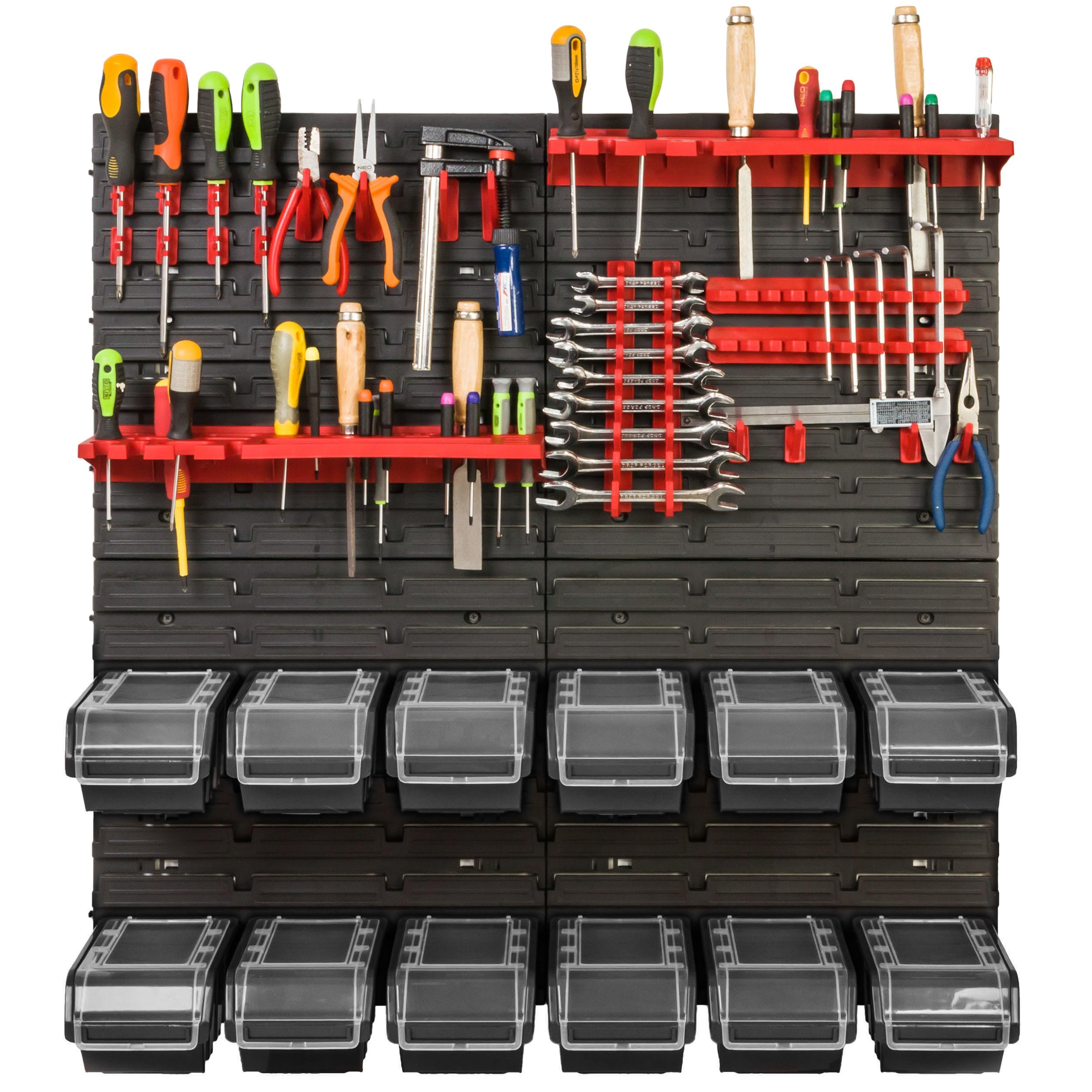 Système de rangement étagère d'atelier | 78 x 78 cm | Boîte de 12 pièces | Étagère murale avec supports à outils et boîtes empilables - Plaques murales extra solides - Étagère murale perforée -