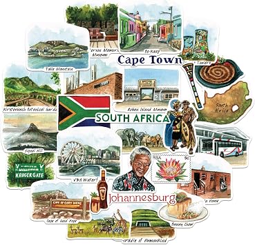 Navy Peony Spirited South Africa Travel Stickers 28pcs - Hand-Illustrated, Cape Town, African-Themed Decals for Journals, Scrapbooks, Luggage