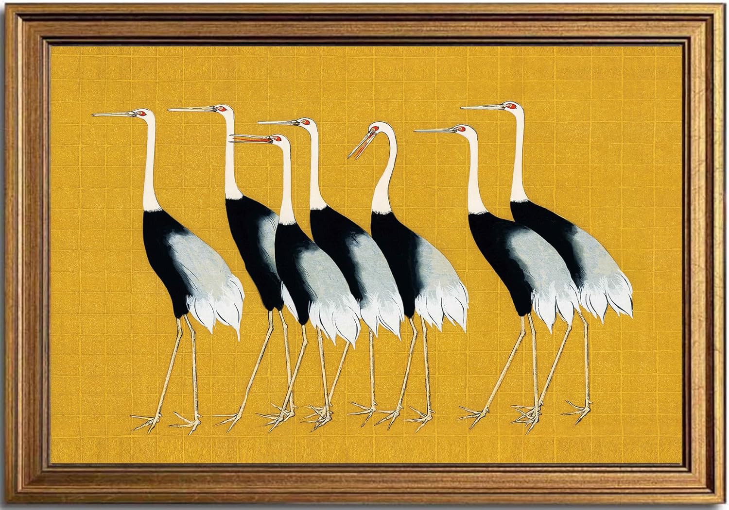 KBKBART Gold Framed Canvas Wall Art, Vintage Japanese Crane Poster with Seven Cranes Bird illustration Wall Art Prints Japanese Decor for Bedroom, Retro Asian Bird Art, Vintage Home Decor(16"x24") 16L" x 24W" Japanese Crane