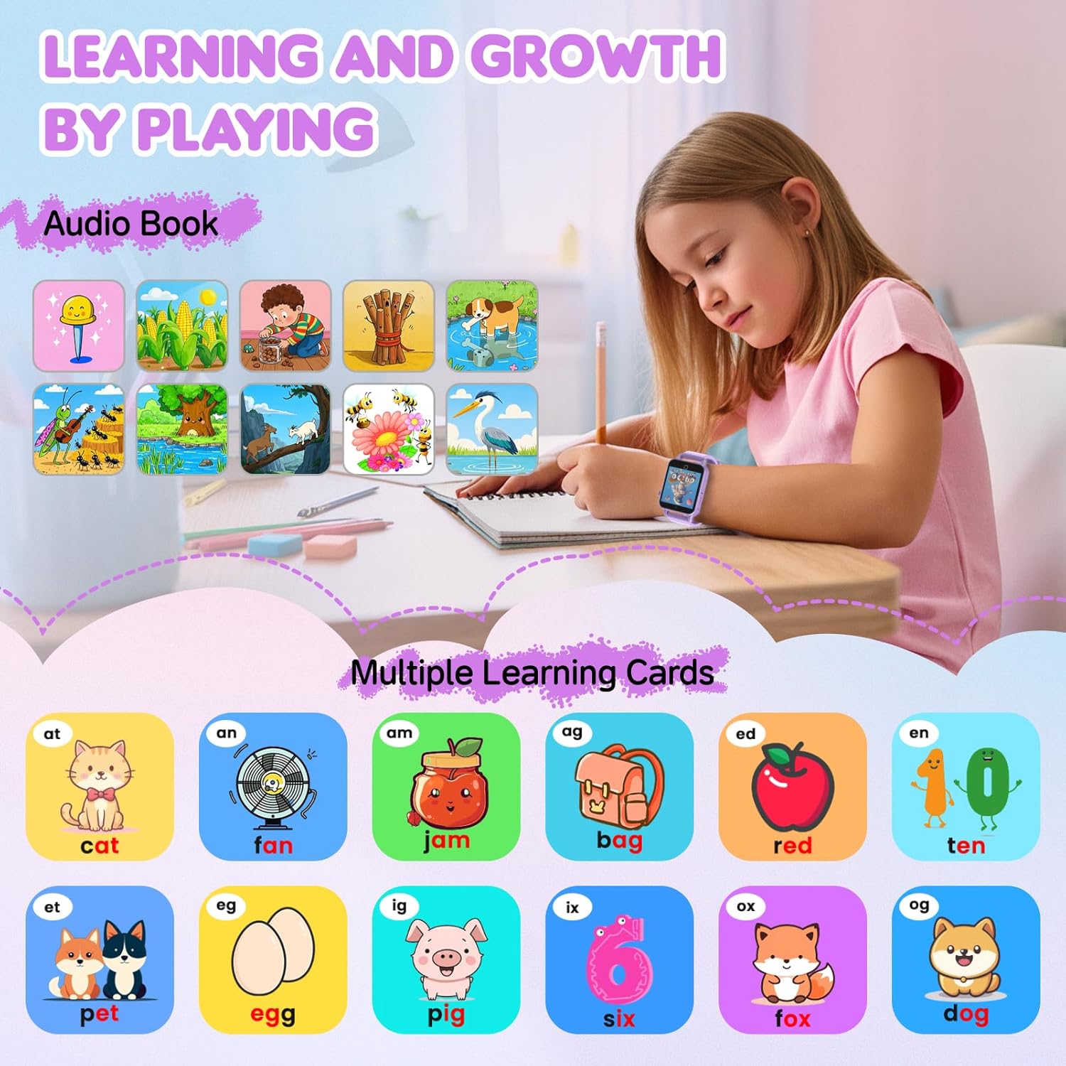 Kids Smart Watch Girls for Age 5-12, HD Camera Toddler Watch Educational Toys Birthday Gifts for Girls Ages 5 6 7 8 9 with Music Player, Alarm Clock, Learn Card, 30 Games, Pedometer