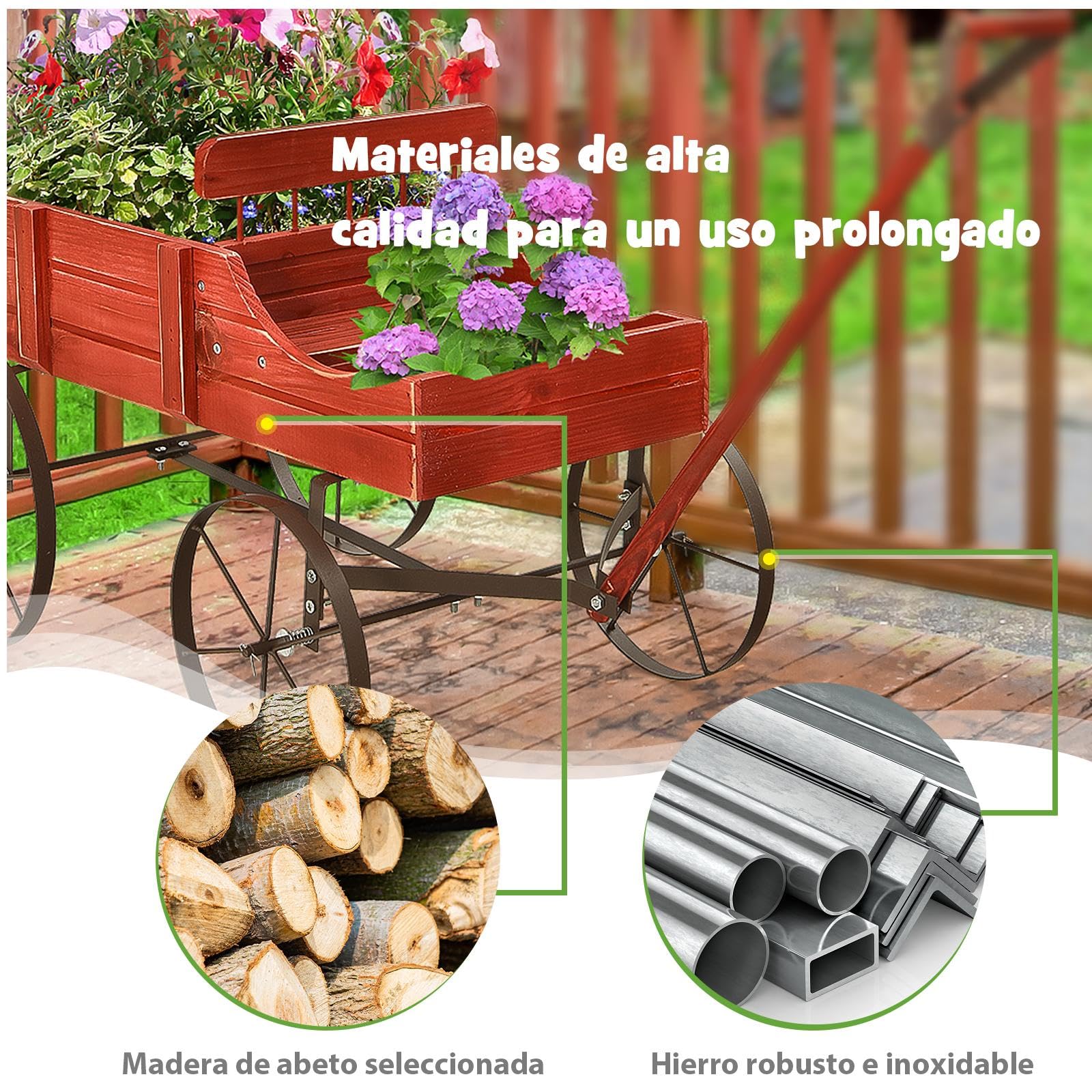 SOARS Soporte para flores, carrito de flores con 4 ruedas de metal, soporte para plantas de madera maciza, jardinera decorativa, carrito de madera, carrito para jardín y balcón (rojo)