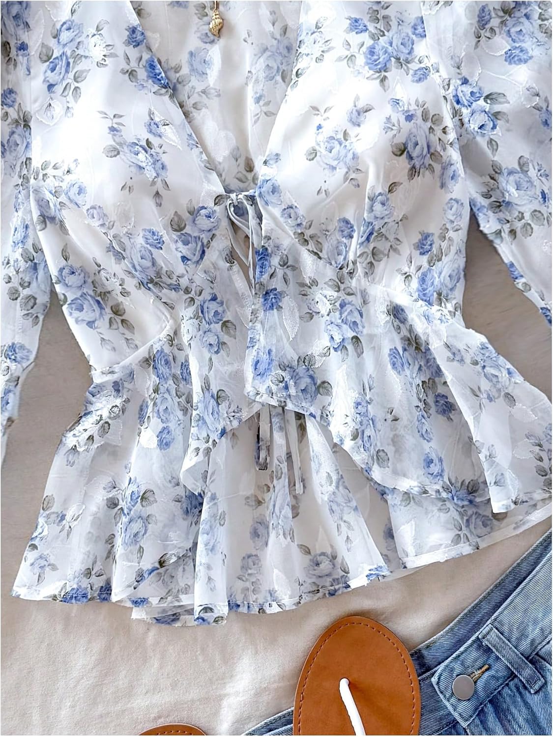 MakeMeChic Women's Floral Crop Tops V Neck Tie Front Ruffle Hem Long Sleeve Peplum Blouse - Image 4