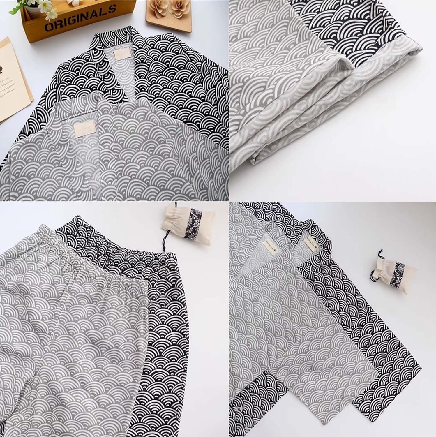 Japanese Kimono Pajamas Shirt and Shorts, Cotton Linen Loungewear Sleepwear Spa Bathrobe for Men and Women, Black White - Image 8