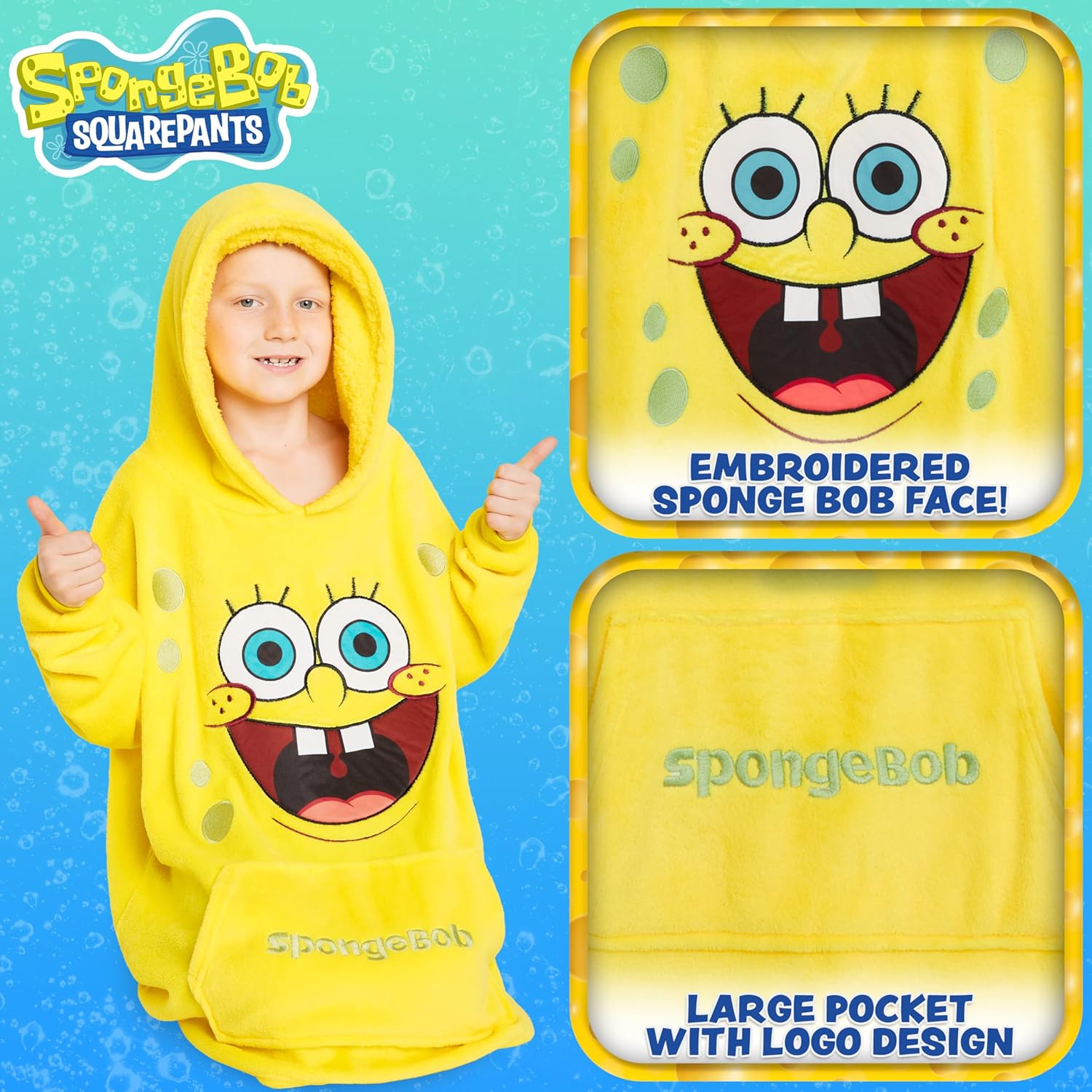 SPONGEBOB SQUAREPANTS Blanket Hoodie for Kids Teenagers One Size Soft Fleece Oversized Hoodie Blanket Gifts for Kids Yellow