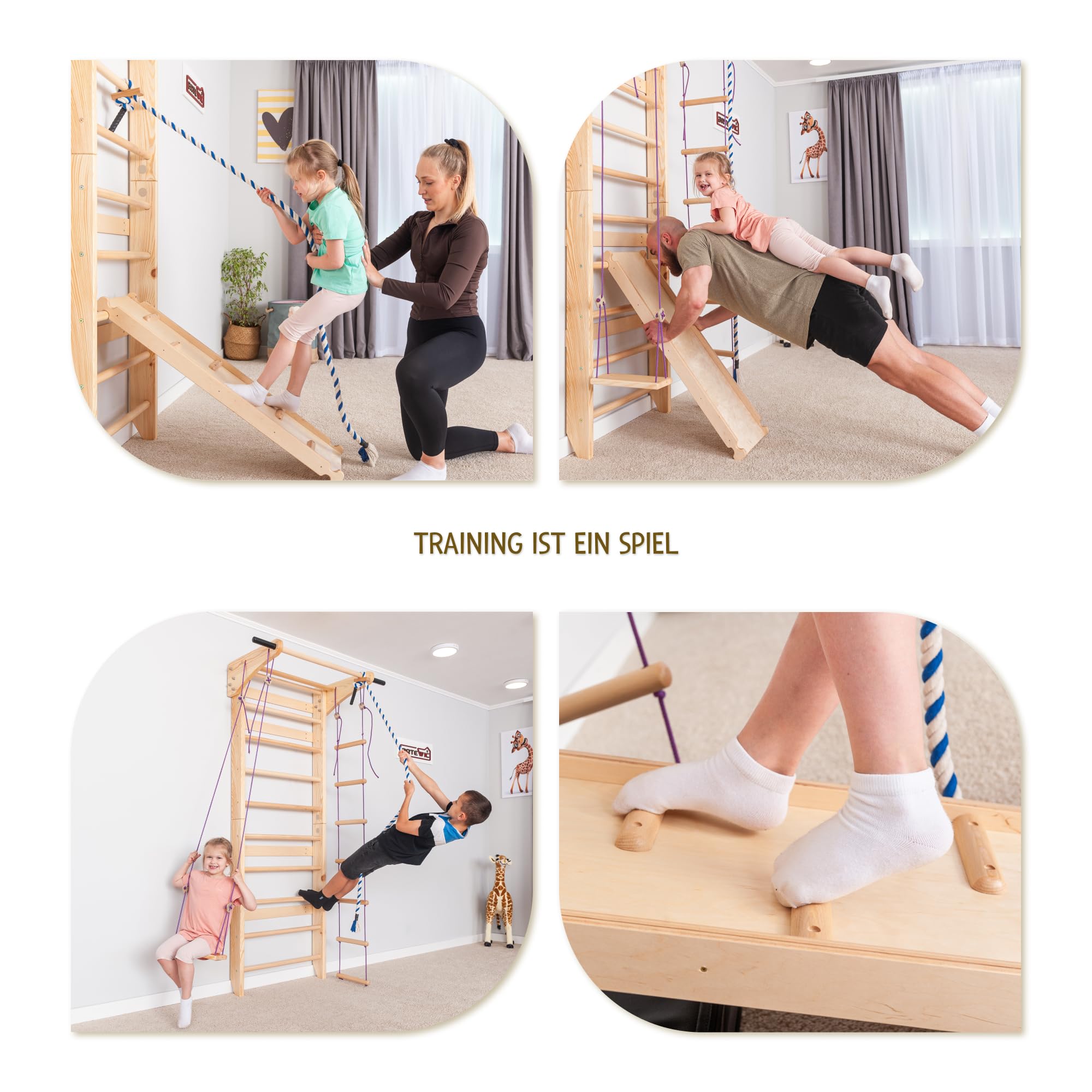 Sprossenwand Holz mit Rutsche & Schaukel - Indoor Klettergerüst für Kinder & Erwachsene - Turnwand mit Kletterbrett & Zubehör - Massiv bis 150kg (Beige)