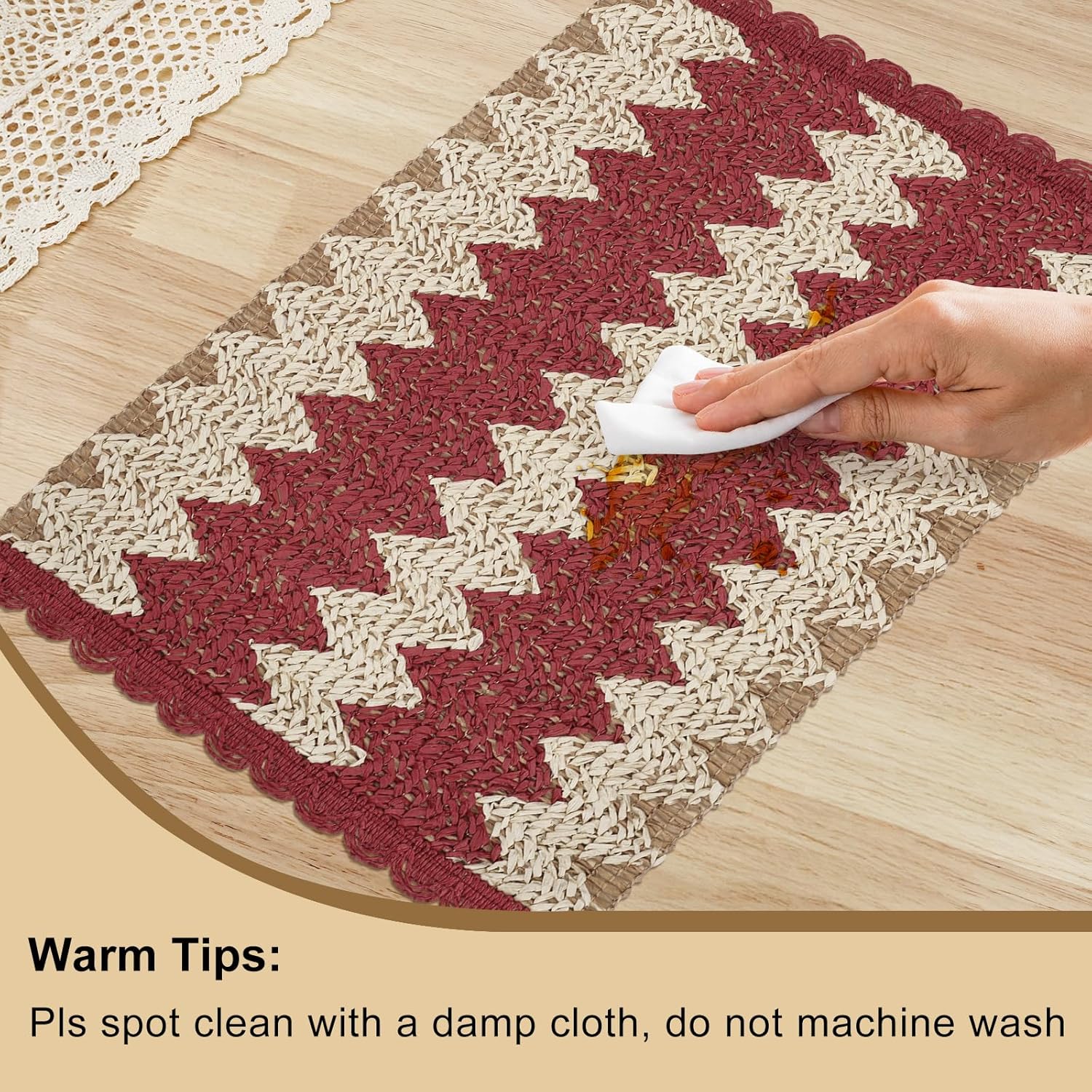 fanquare Red Rectangle Braided Placemats Set of 6, 12" x 18" Boho Woven Table Mats Scalloped Non-Slip Paper Mat for Dining Kitchen Decor