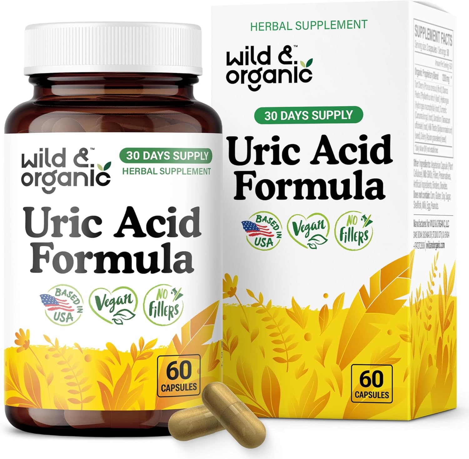 Wild & Organic Uric Acid Formula Capsules - Uric Acid Cleanse Support - Antioxidant Supplement with Tart Cherry Powder, Turmeric, Chanca Piedra & Celery - Vegan, No Fillers, Non-GMO - 60 Count