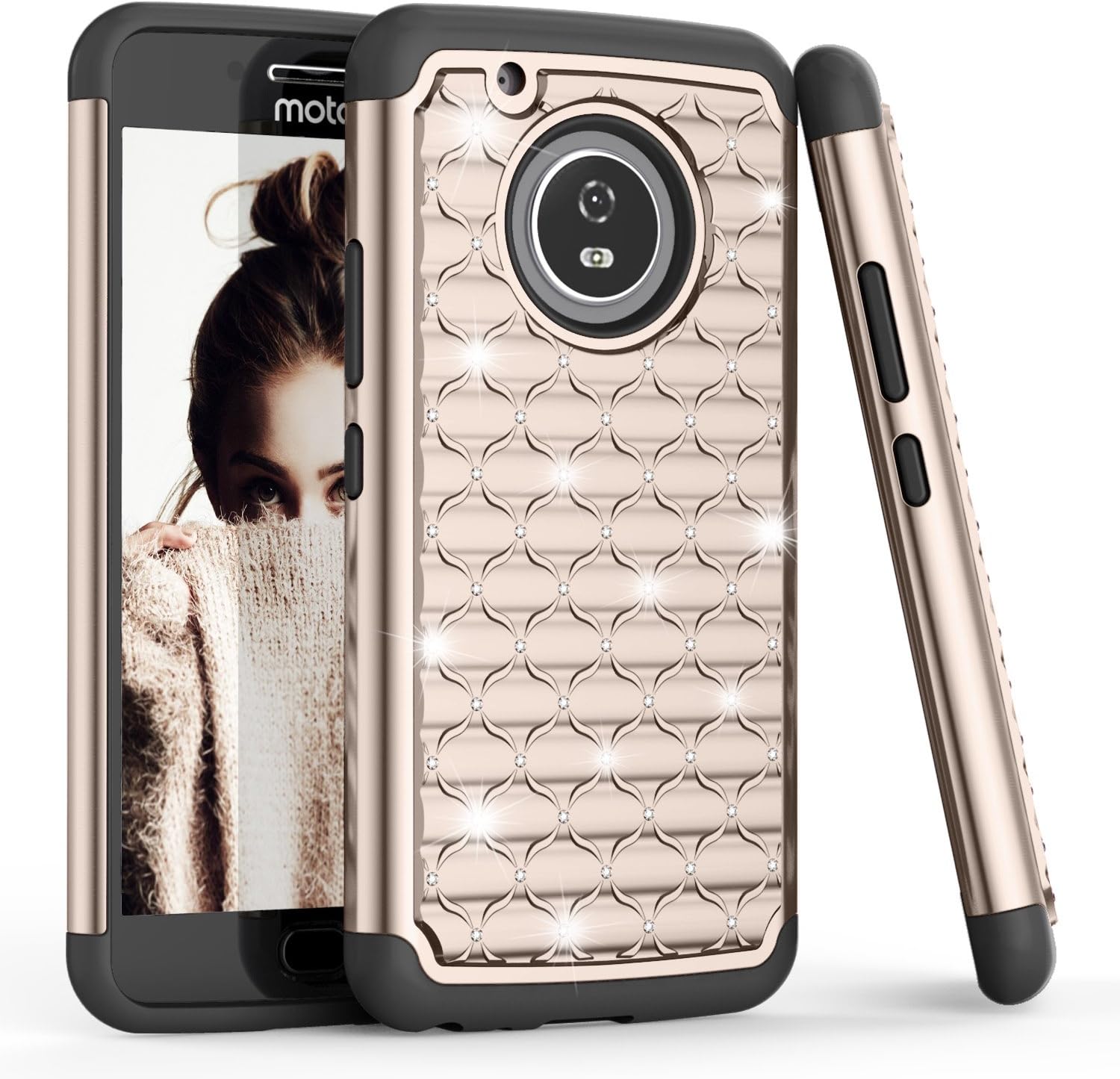 TILL Moto G5 Plus Case, Moto G 5th Gen Plus Cute Case, Studded Rhinestone Crystal Bling Diamond Sparkly Luxury Shock Absorbing Hybrid Combo Rubber Plastic Defender Rugged Glitter Case Cover [Gold]