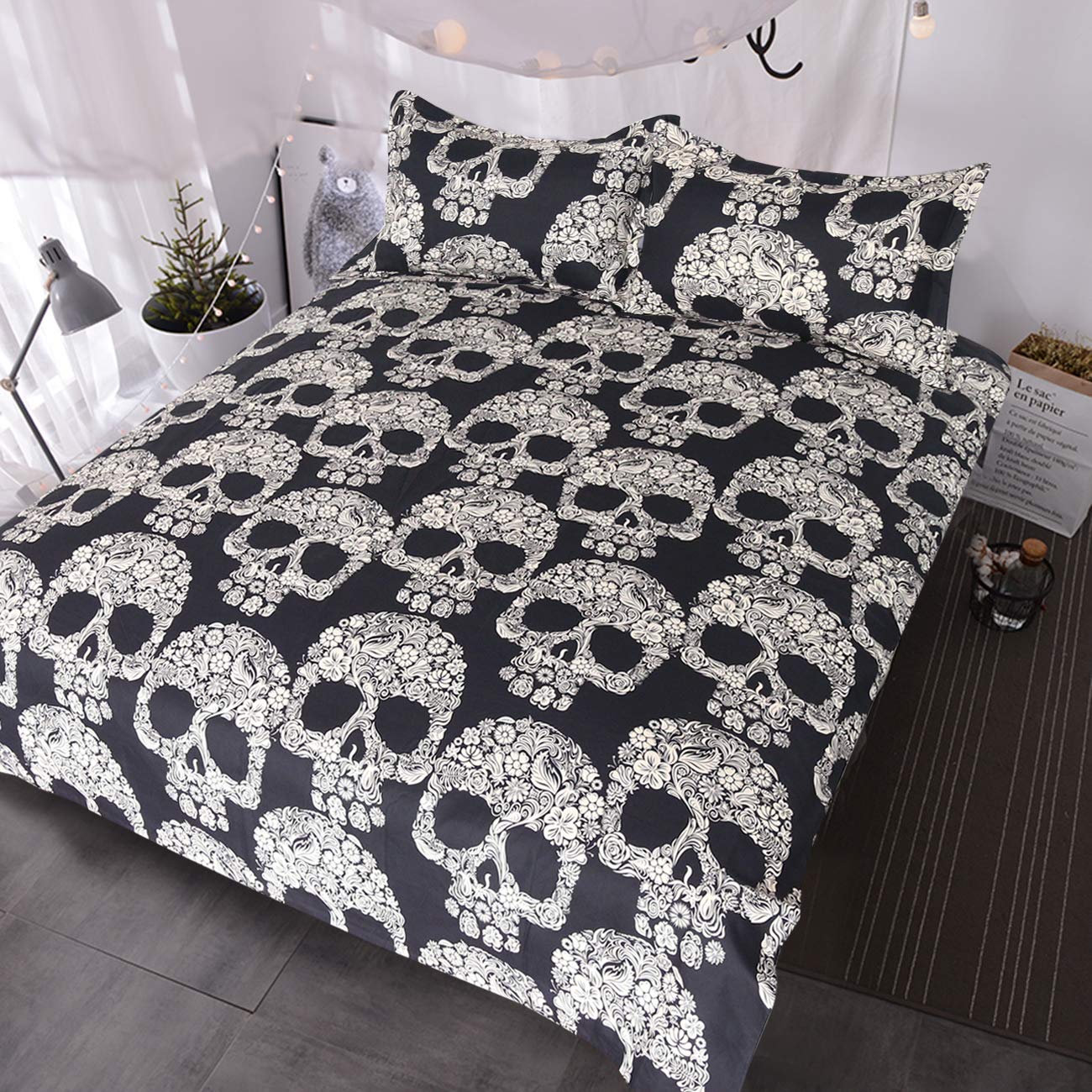 BlessLiving Sugar Skull Bedding Set 3 Piece Skull Flowers Roses Duvet Cover Black and White Skull Paradise Bed Sets (Queen)