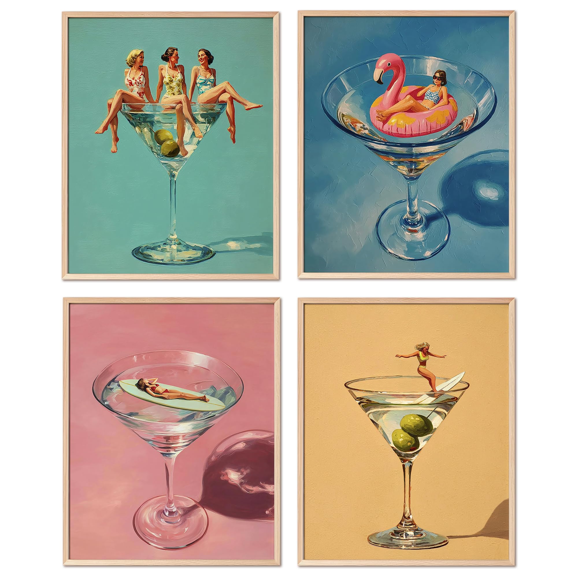 Kaderas Wall Art Room Decor, Martini Cocktail Posters Quirky Summer Bikini Cocktail Surf Prints for Bar Bedroom Bathroom