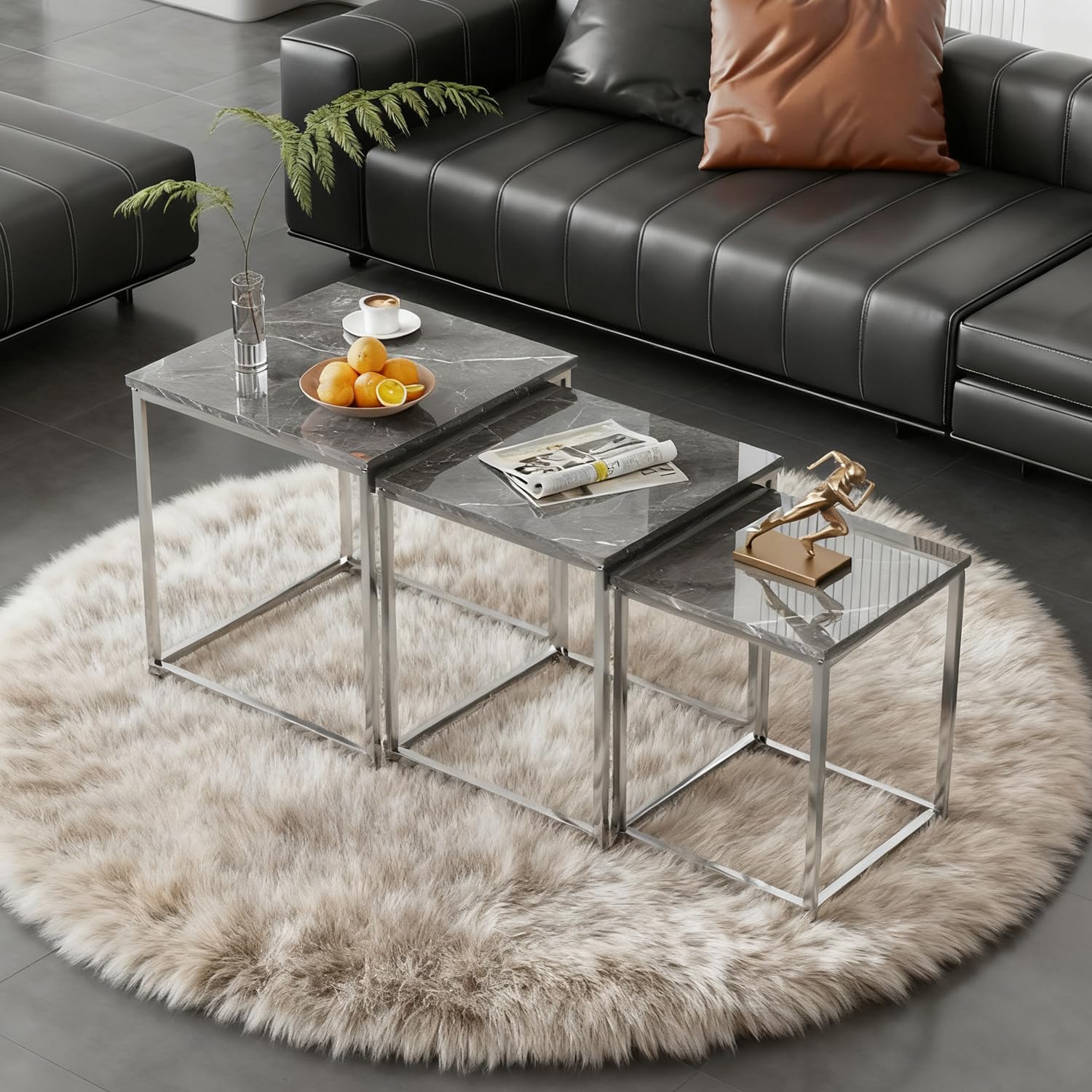 Quadratische Beistelltische 3er Set, Satztische fürs Wohnzimmer Couchtisch Wohnzimmertisch Set, Hochglanz Optik, Verchromtes Metallgestell, Stapelbar (Beton Grau)