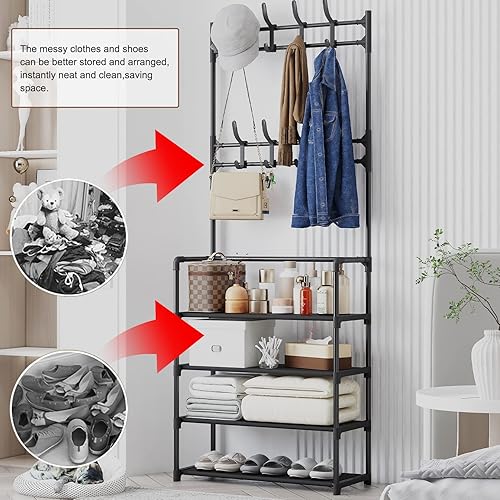Miniatura 5 de Perchero para zapatos 3 en 1 diseñado de estante de almacenamiento de metal con bolsa, abrigo, sombrero, paraguas, zapatero se adapta a tu pasillo,