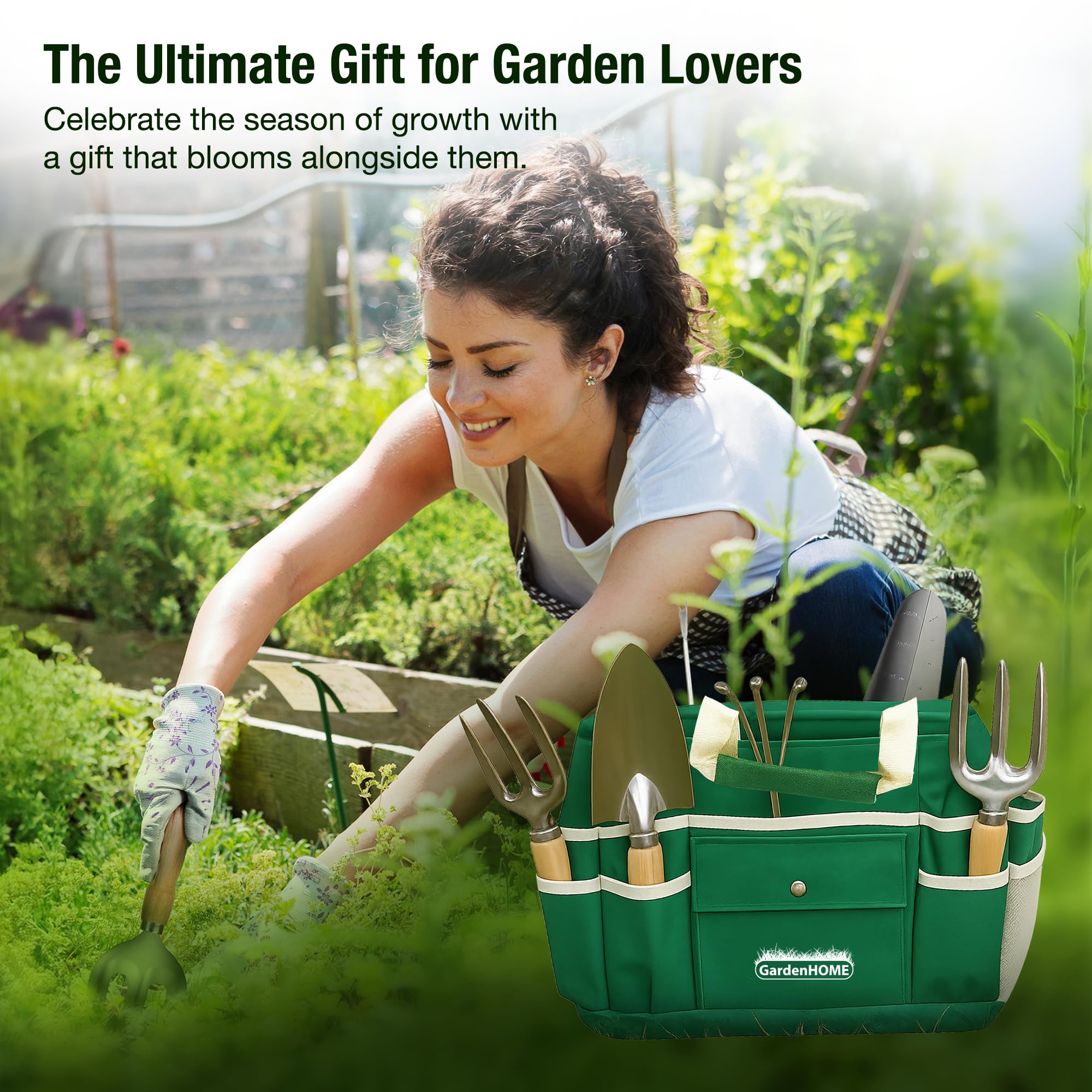 GardenHOME Set di Attrezzi da Giardino 7 Pezzi Kit Giardinaggio, Utensili da Giardino in Acciaio Inossidabile con Sgabello Pieghevole e Borsa