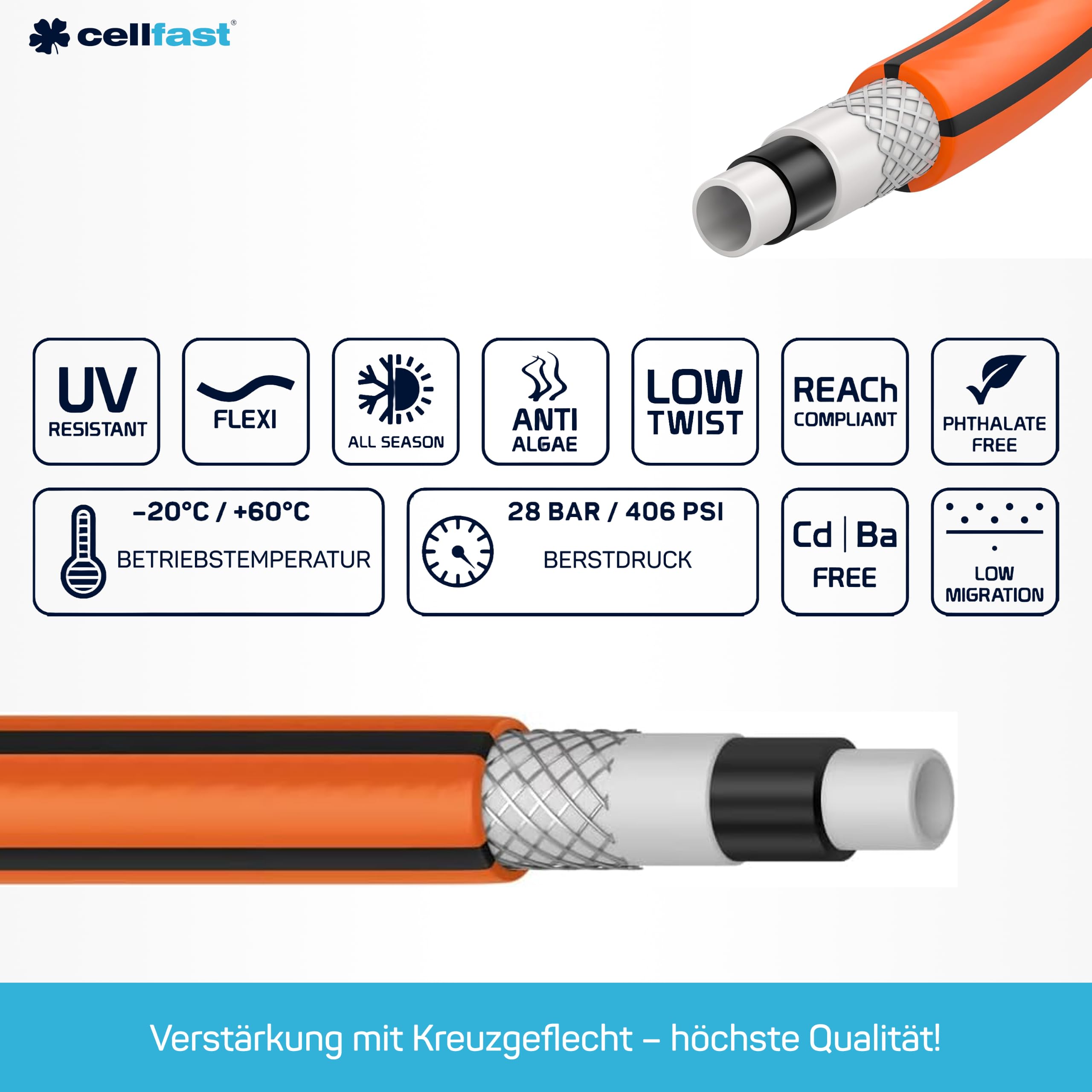 CELLFAST Gartenschlauch 1/2" 50 m - 5-lagiger Wasserschlauch mit Kreuzgewebe - 28 bar - UV-beständig - Anti Algae - Strapazierfähig Flexibel - Professional