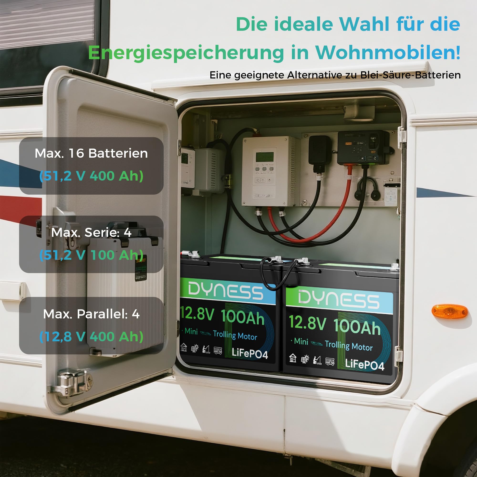 Dyness Lithium Batterie 12V 100Ah LiFePO4 Mini Akku mit 100A BMS, Niedertemperaturschutz, Max.15000 Zyklen, für Bootsmotor, Wohnwagen, Batterie Box, Solarsysteme, Netzunabhängige Systeme