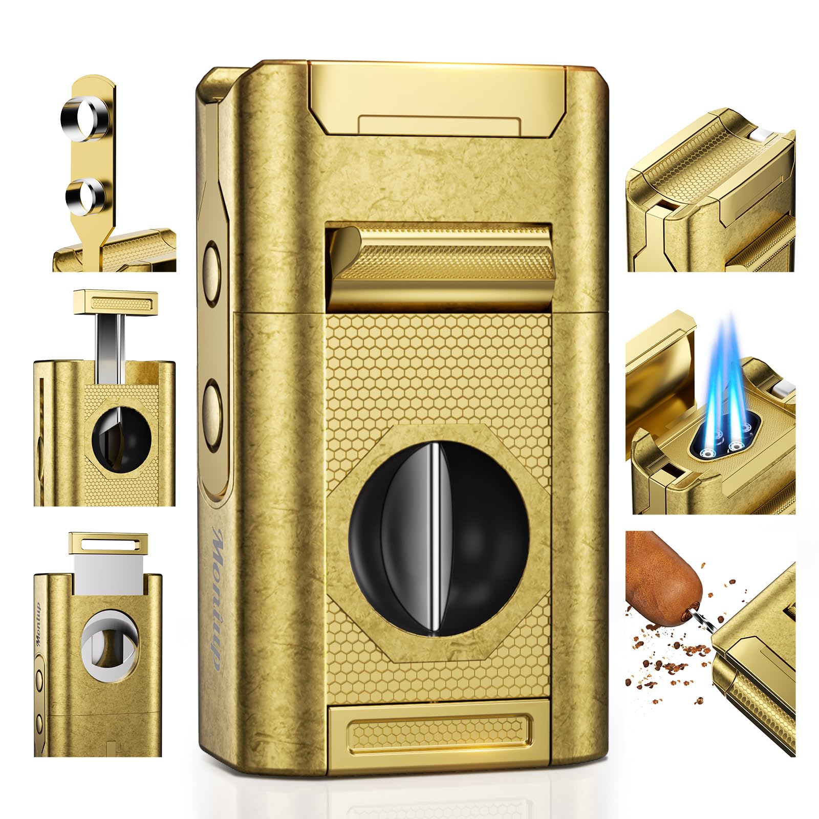6-in-1 Cigar Torch Lighter with Straight V Cigar Cutter 2 Cigar Punches Cigar Draw Enhancer Cigar Holder Quad