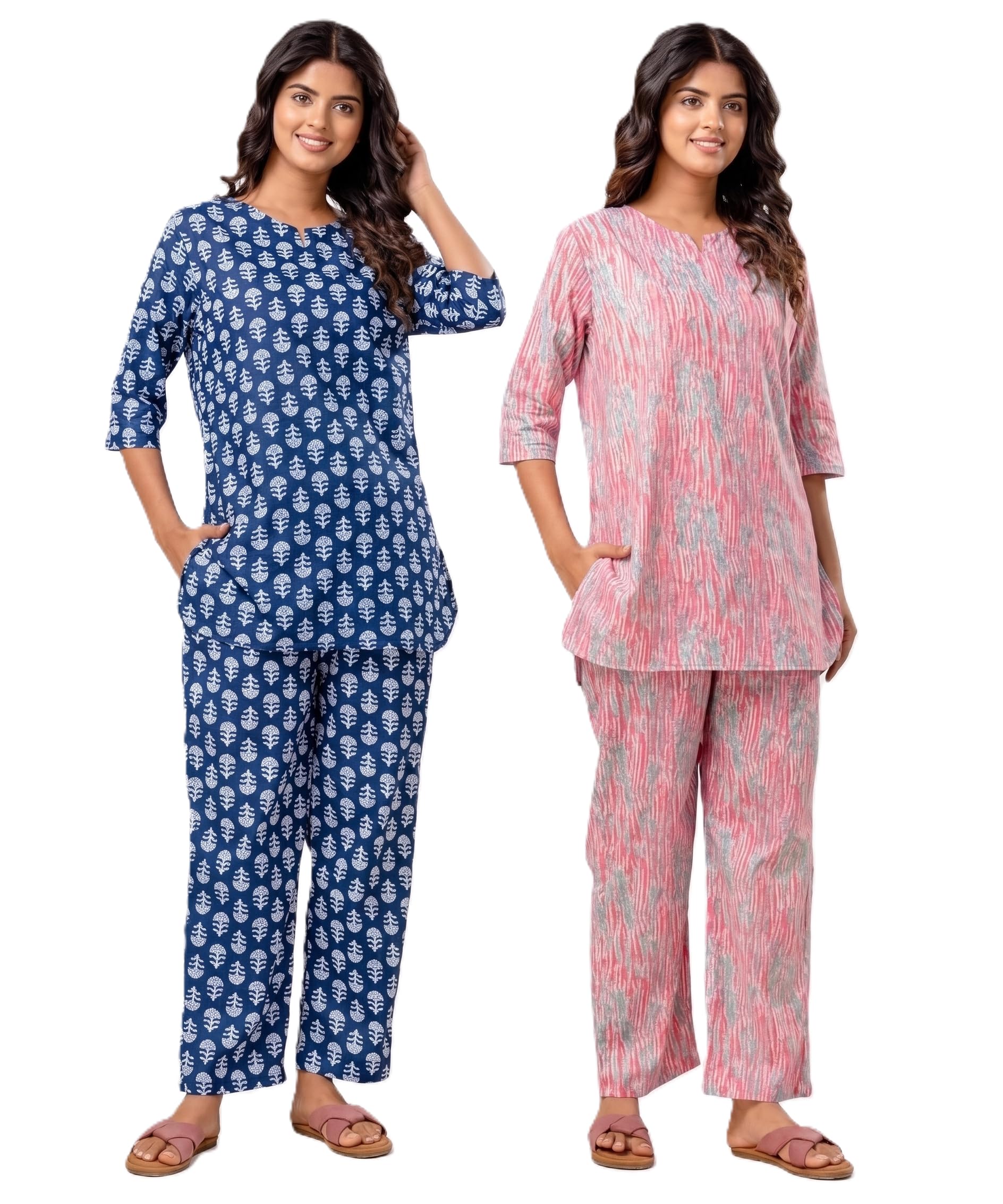 Women Cotton Night Suit Combo Set of 2 | Printed Top & Pyjama Nightwear Set | Soft Breathable Sleepwear for Women Lounge Wear Night Dress-image-43