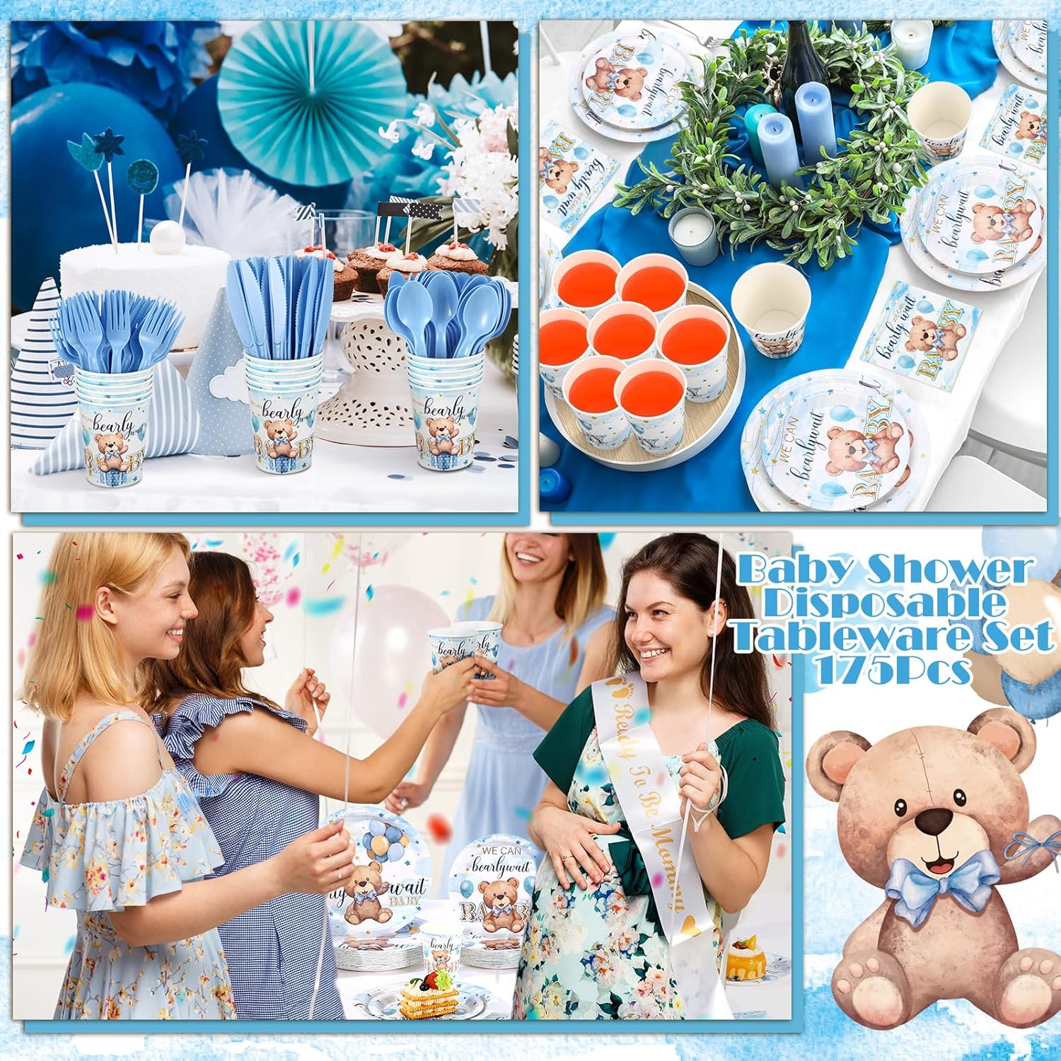 Sliner 175 Pcs Blue Bear Baby Shower Decorations Boy Tableware Set Serves 25 Guests, Baby Shower Party Supplies Includes Plates Napkin Cups Forks Knives Spoons, Disposable Bear Theme Dinnerware Set