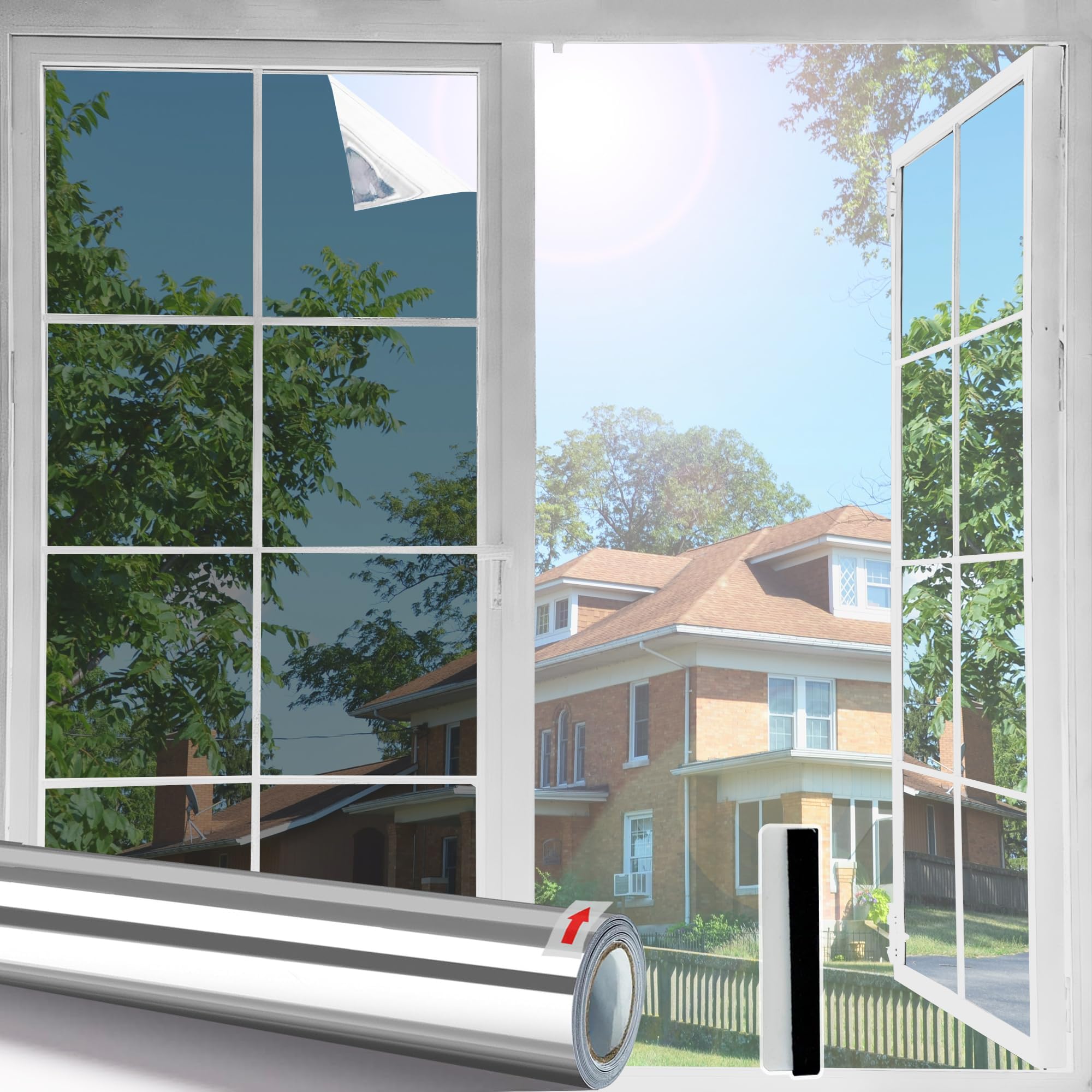 Privacy Film for Glass Windows One Way Window Film Mirror Effect Heat Reflective Window Film Anti Glare Blocking UV, Silver Vinyl, Static Cling 30x200
