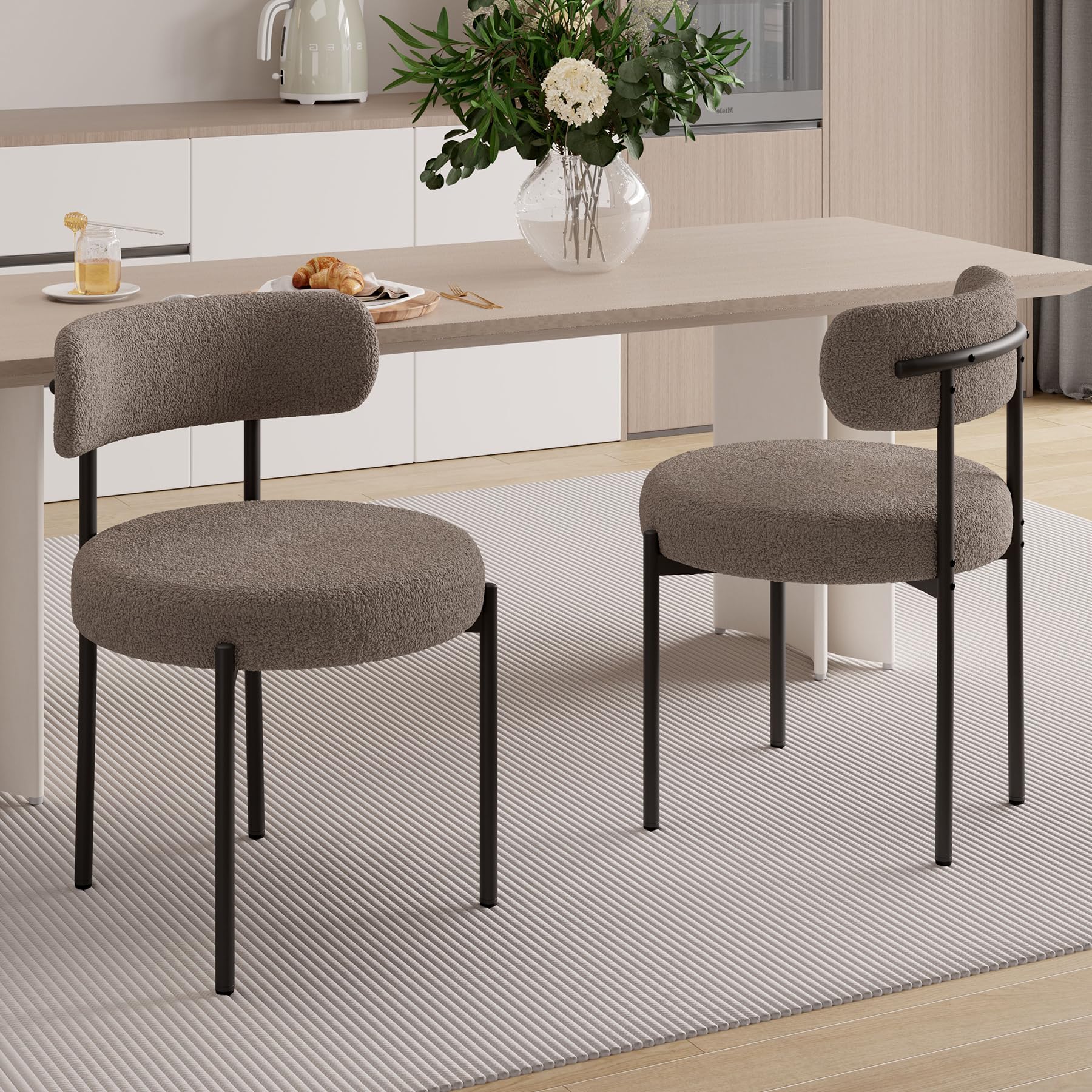 Hawthyhome Esszimmerstühle 2er Set丨Teddy Stoff Runde Boucle Esszimmerstuhl·Mid-Century Gepolsterte Küchenstühle·Stühle Esszimmer mit Metallbeinen·Grau-Braun
