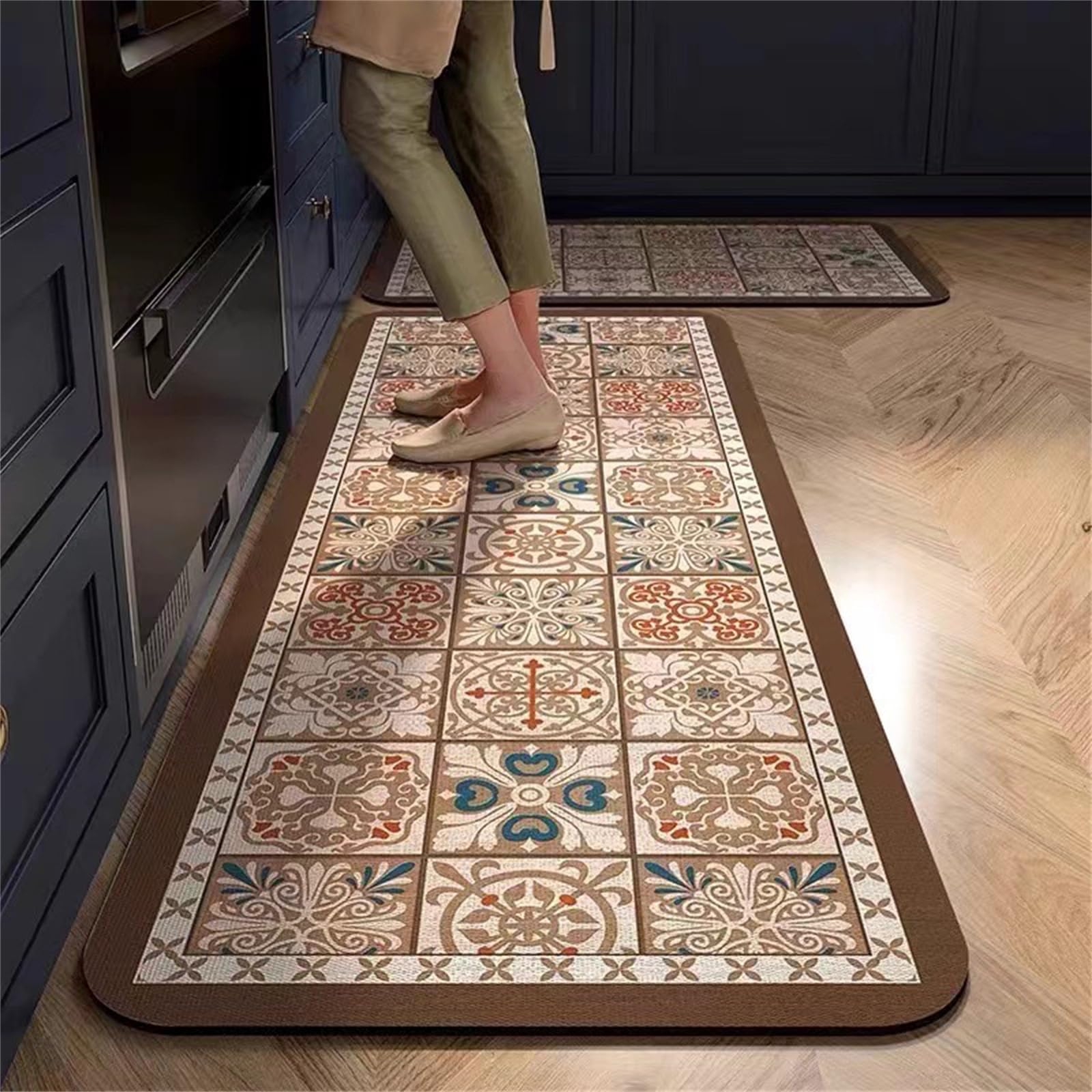 Highdi Water Absorption Kitchen Rug, Moroccan Style Kitchen Mat Door Mat, Thickness 2.5mm Non Slip Kitchen Mats Washable Kitchen Rugs, for Entryway,Laundry Room,Hallways (Brown,60x140cm)