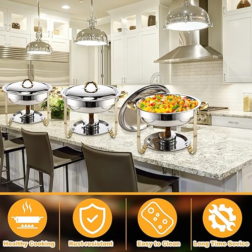 Miniatura 5 de Juego de 6 platos de buffet con 6 pinzas, juego de calentador de alimentos de acero inoxidable, 3.7 cuartos de galón de capacidad redondo con tapa