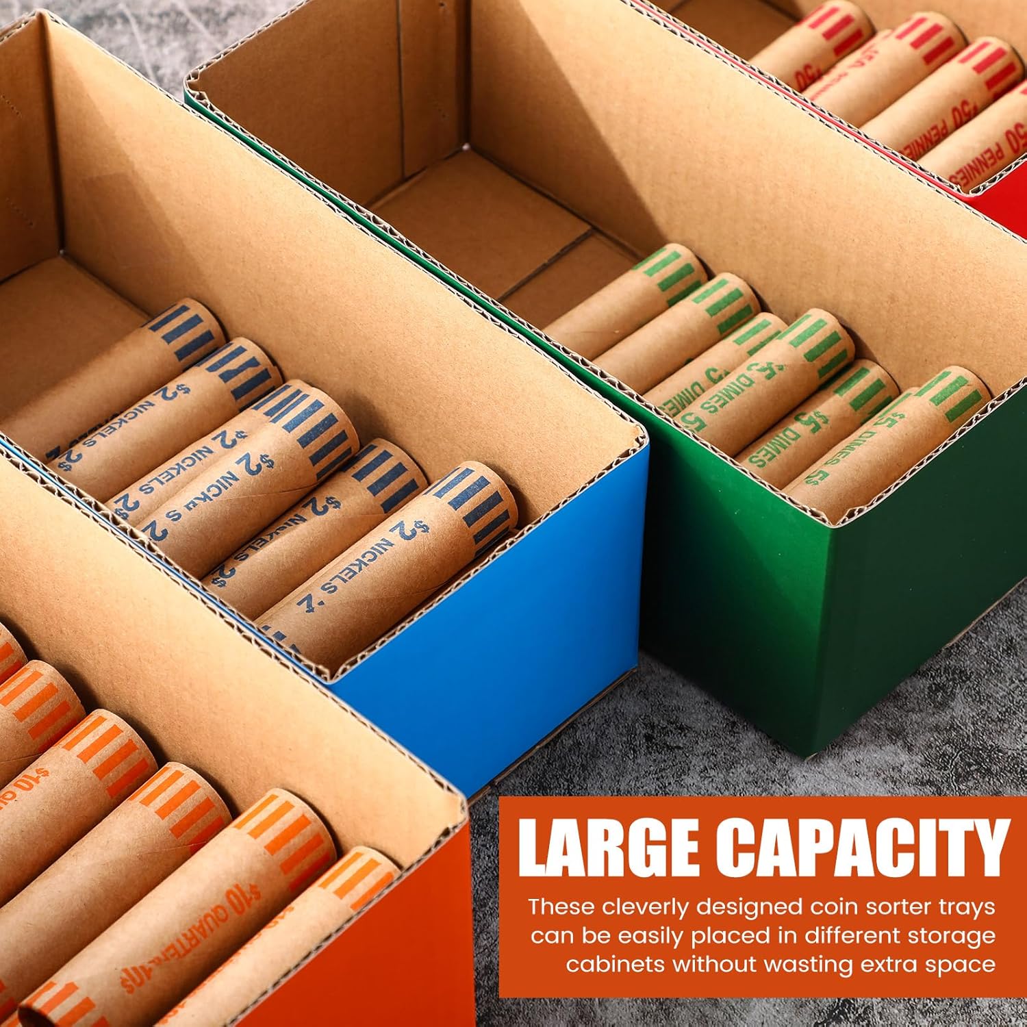 Feifeiya 20 Pcs Coin Trays for Rolled Coins High Capacity Sorting Tray Corrugated Paper Box for Penny, Nickel, Dime, Quarter Stackable Sorter Tray Color Coded Holder Organizer