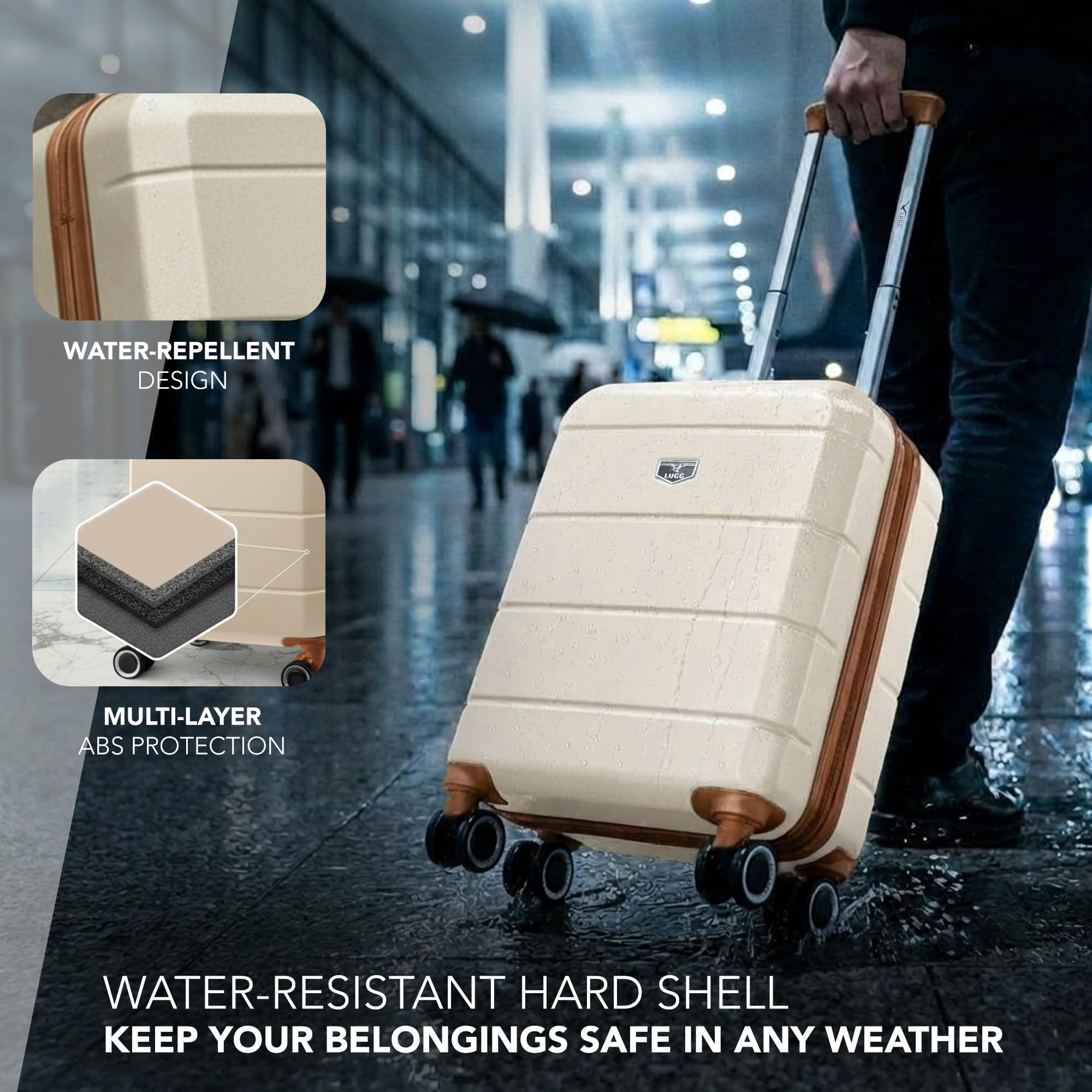 LUGG - Jetset 40cm Suitcase - 40x30x20cm- Ryanair Compatible - Underseat Size - Hard Shell ABS - Spinner & Removable Wheels - Lightweight Travel Luggage- Cream/Brown — view 192