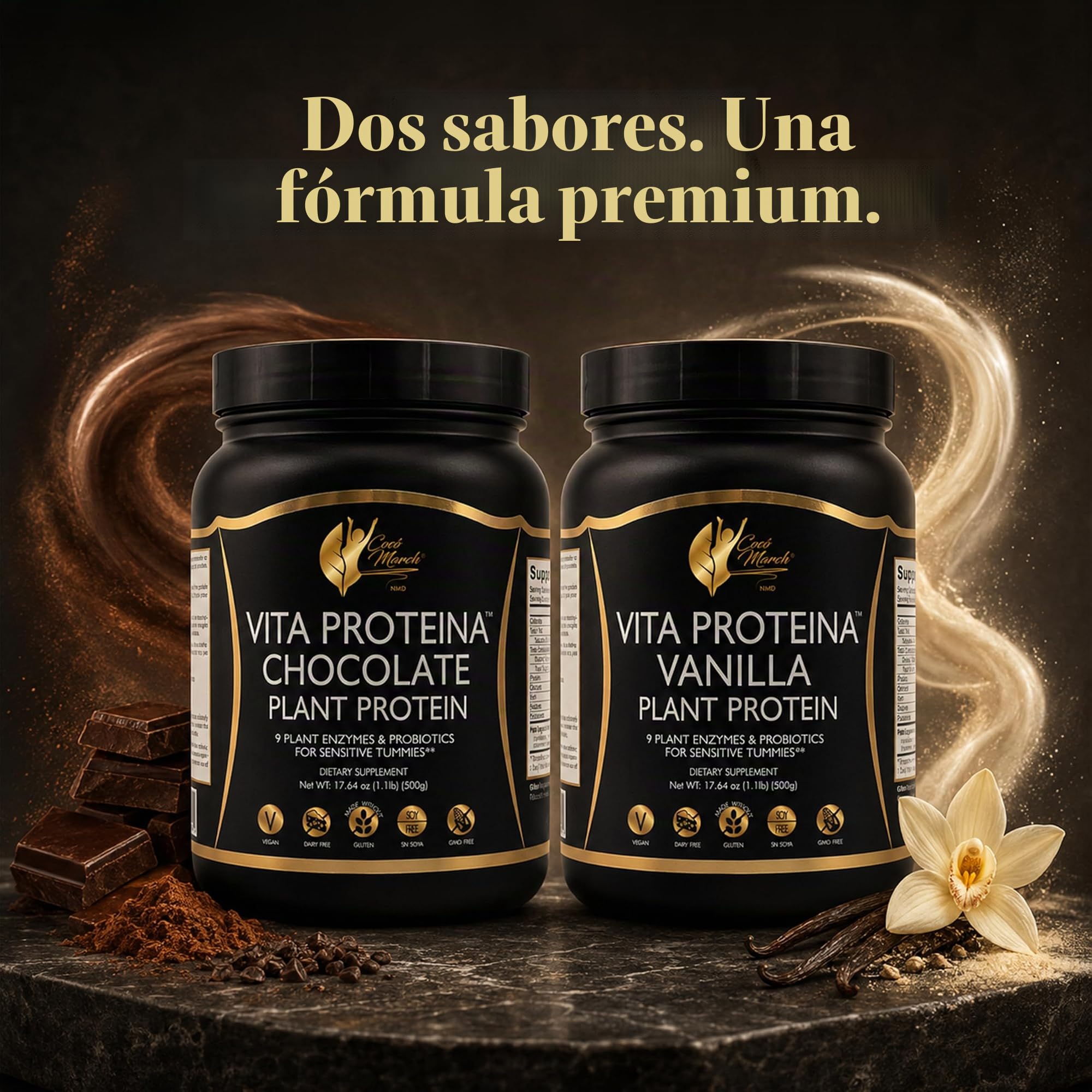 Cocó March N.M.D Vita Protein – Proteína Vegetal de Chocolate con Enzimas y Probióticos – 20 g por Ración – Sin Gluten, Sin Soja, Sin Lácteos, Sin OMG – Vegana – 500 g