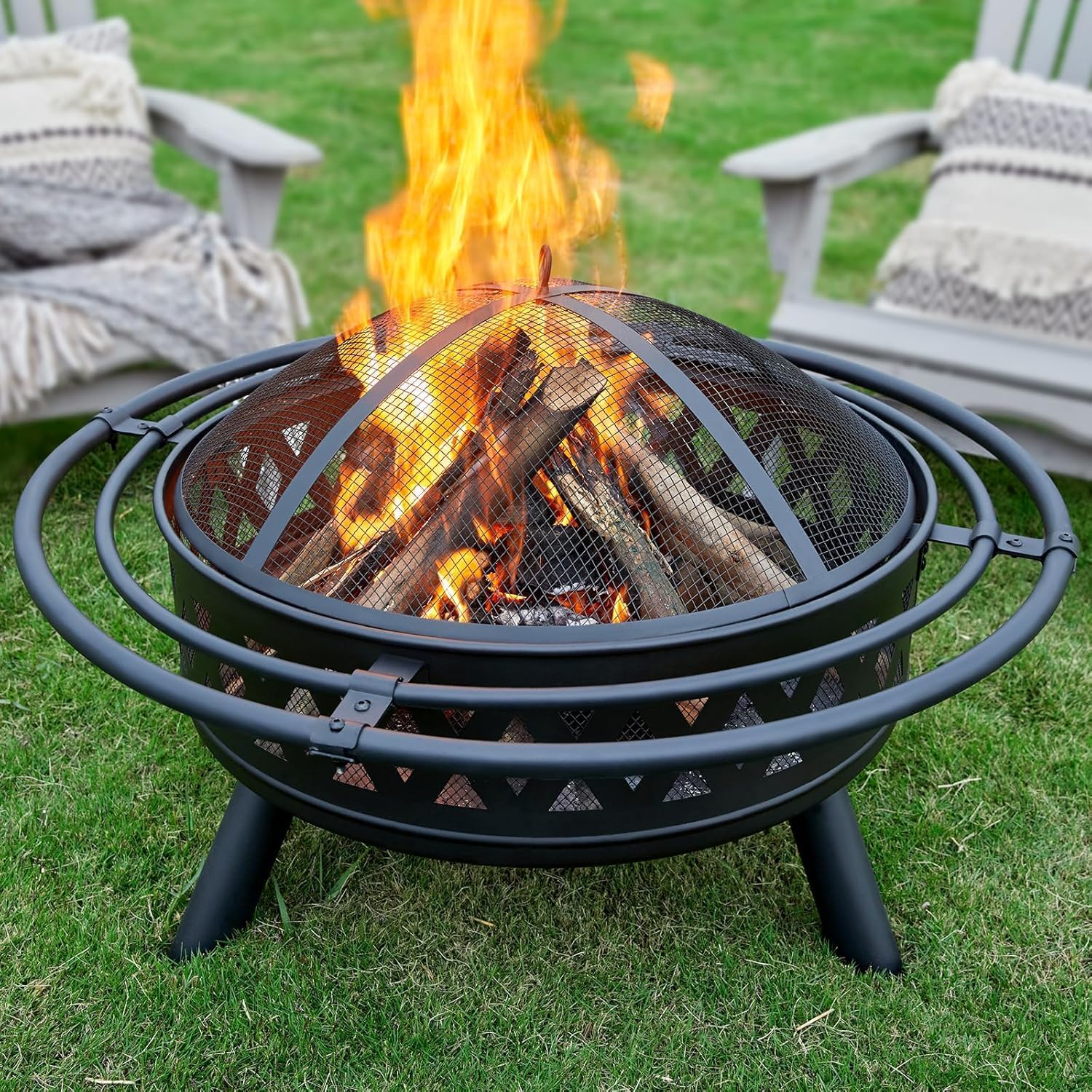 Fire Pit for Outside, 35 Inch Large Patio Backyard Firepit with 2 Loops, Outdoor Wood Burning Fire Pit Crossweave with Spark Screen Fire Poker, Backyard Patio Camping Beach Bonfire Pit, Black-image-12