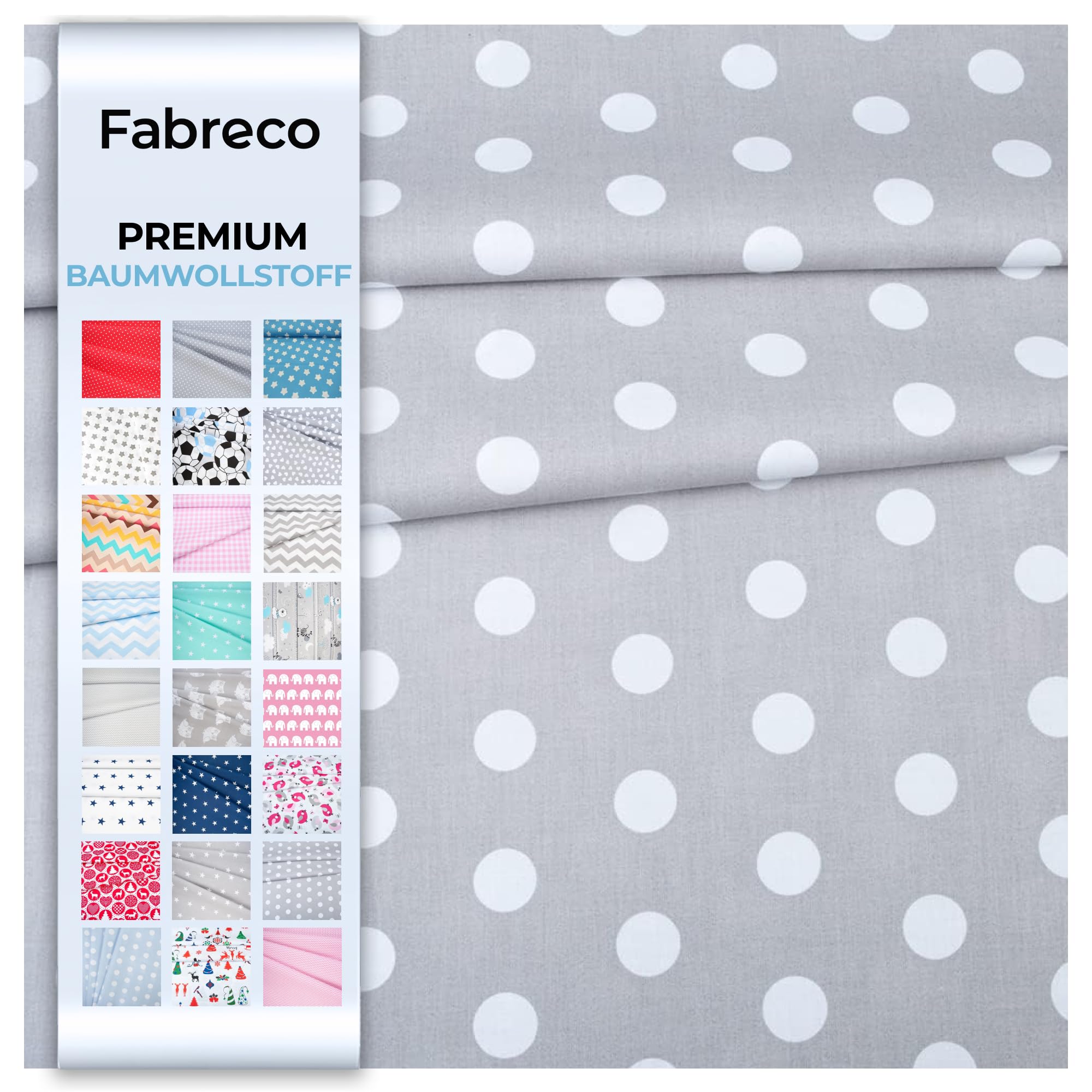 Fabreco - Baumwollstoff Meterware - 220g/lfm | Stoff Meterware mit Muster: Punkte grau 2,4cm | Weich, langlebig & hautfreundlich