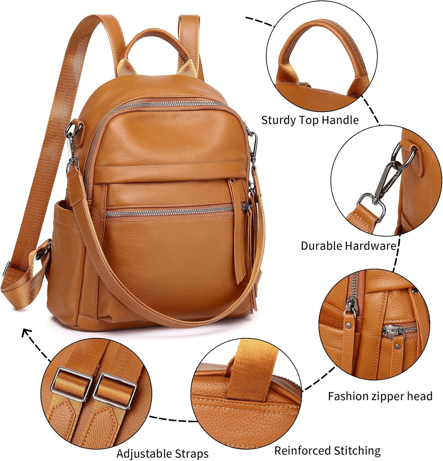 Genuine Leather Backpack Purse For Women Orange Brown Real Soft Leather Convertible Ladies Daypack Shoulder Bag - Image 6